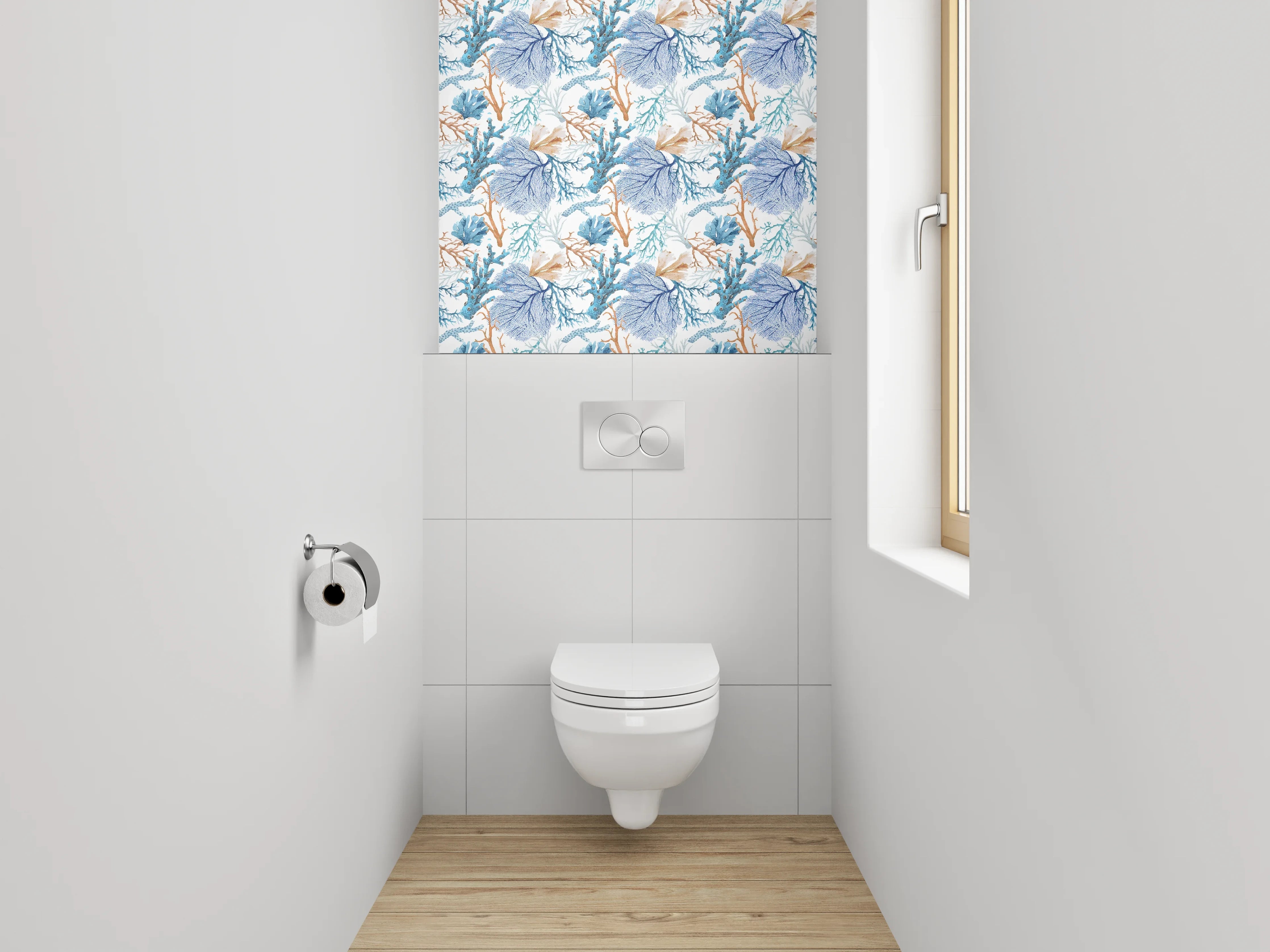 WC-Rückwand - Aquarell Korallenmuster Blau-Orange
