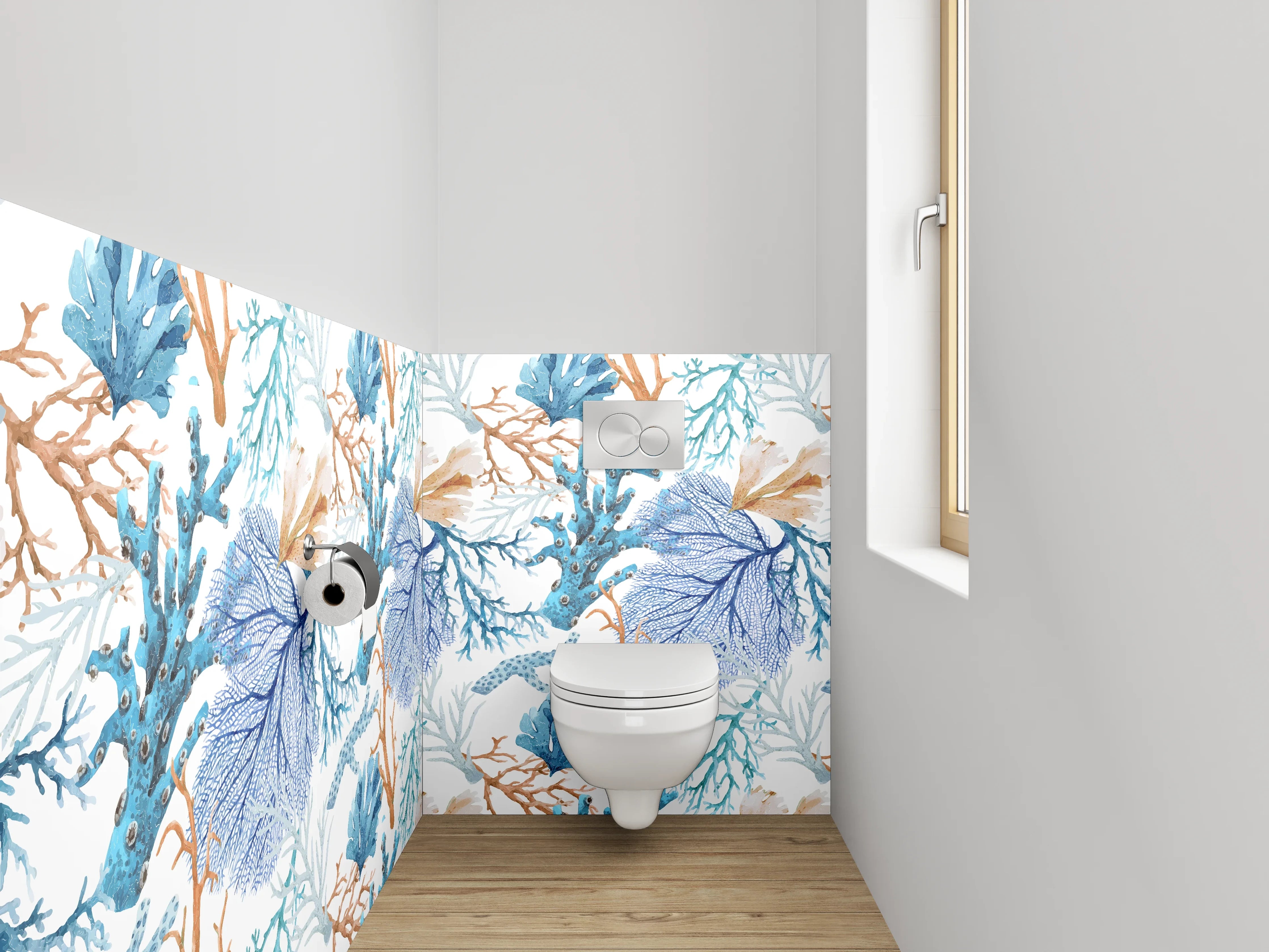 WC-Rückwand - Aquarell Korallenmuster Blau-Orange