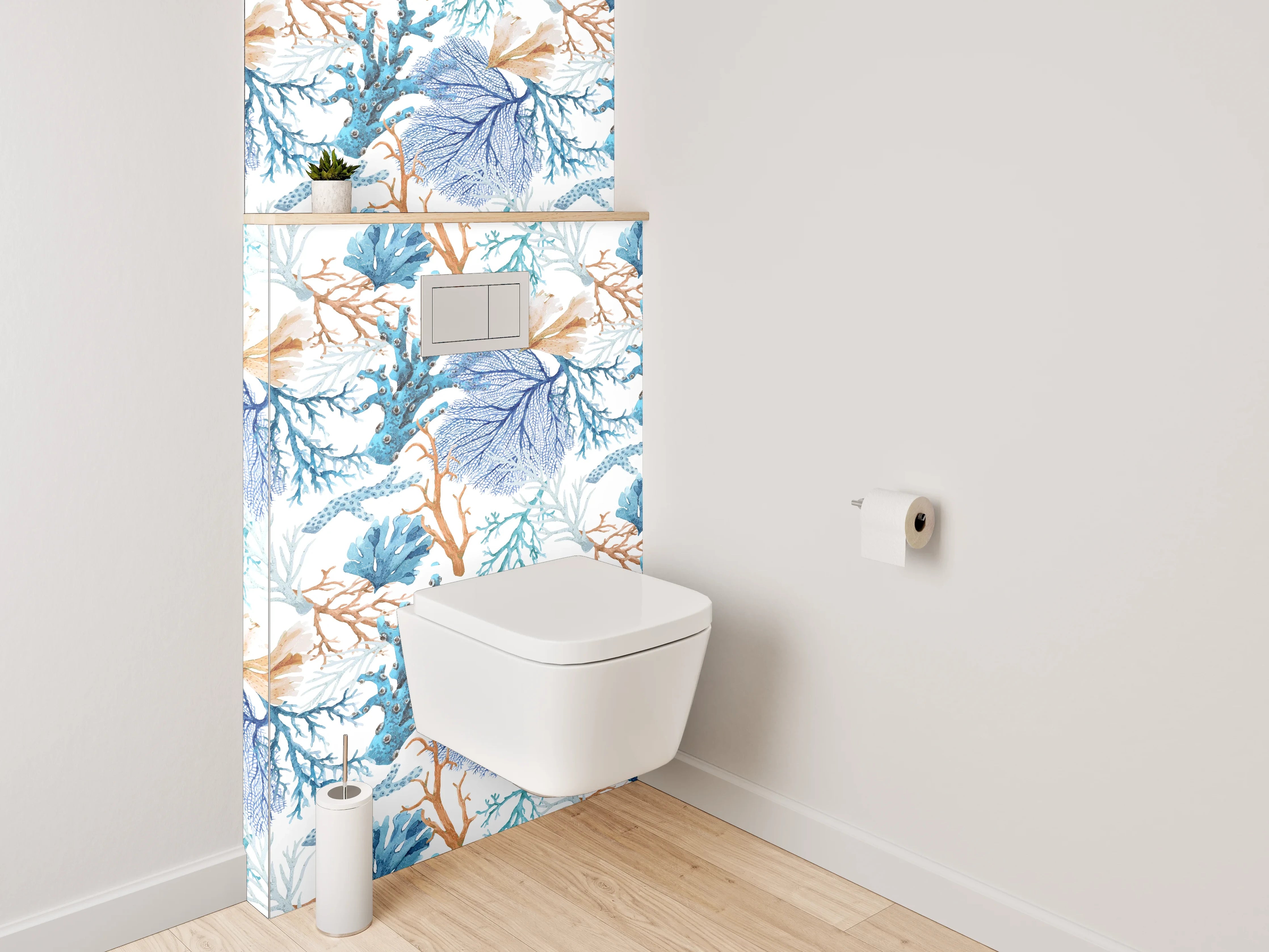 WC-Rückwand - Aquarell Korallenmuster Blau-Orange