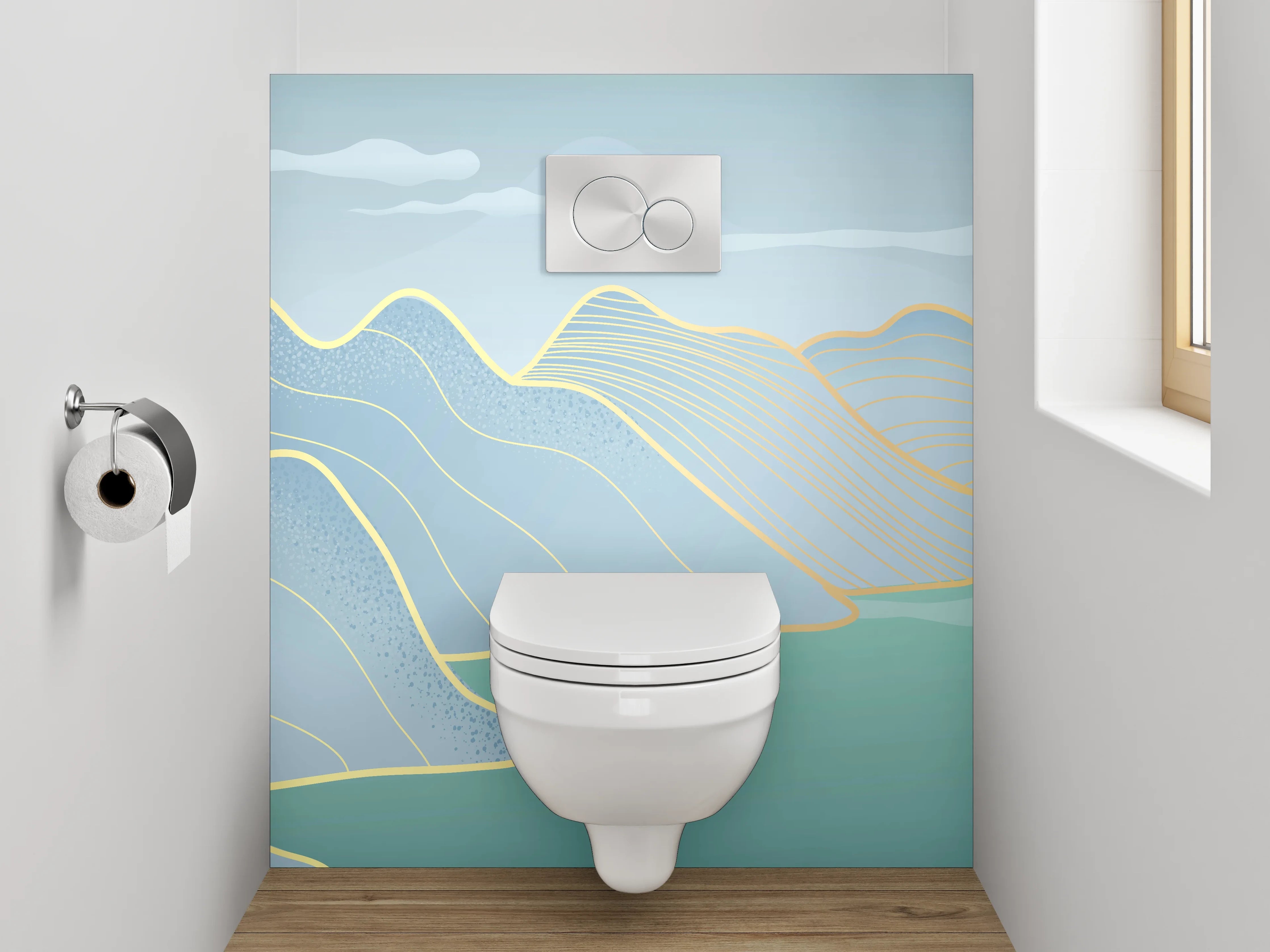 WC-Rückwand - Aquarell-Landschaft Berge See Goldlinie