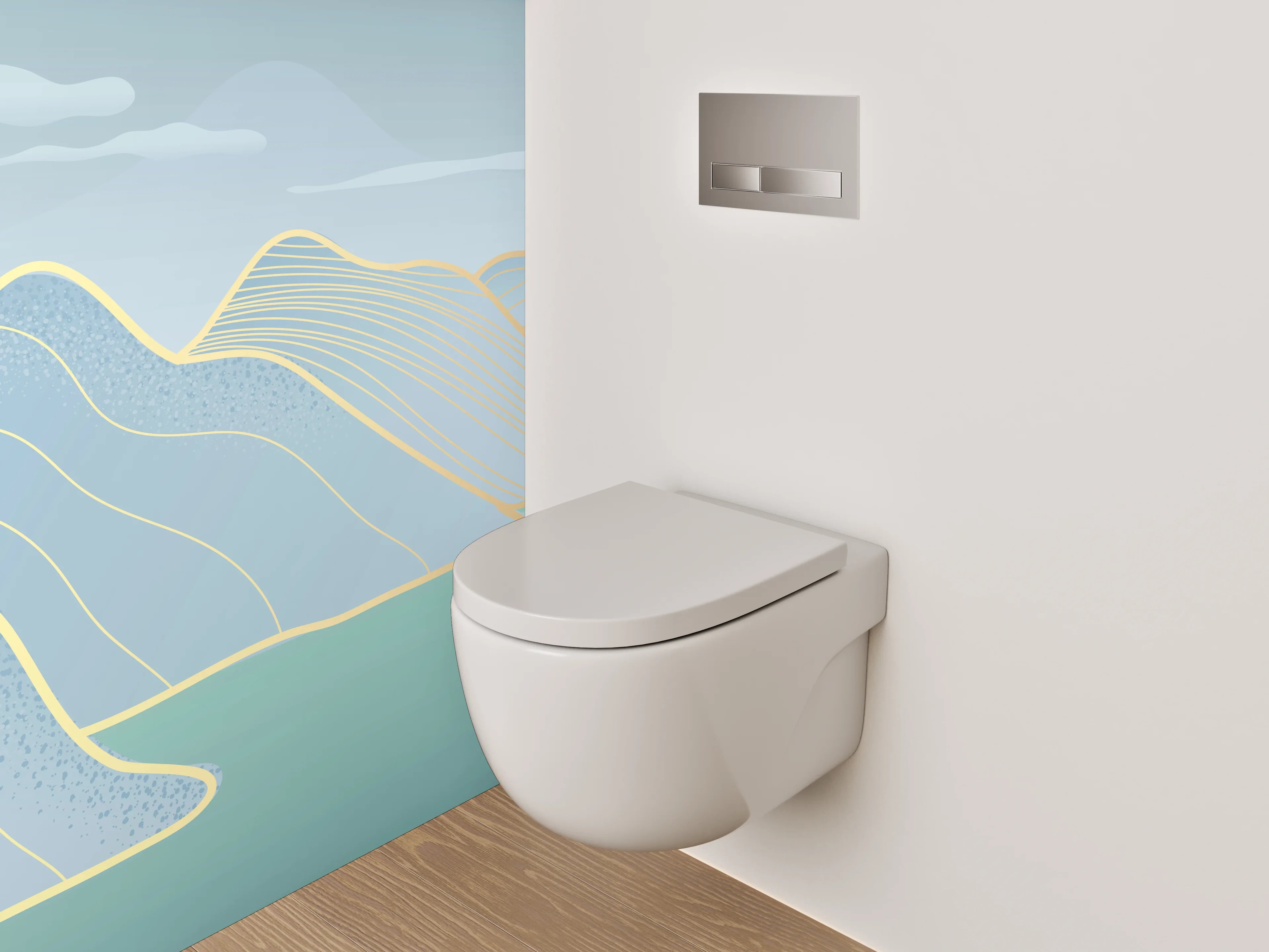 WC-Rückwand - Aquarell-Landschaft Berge See Goldlinie