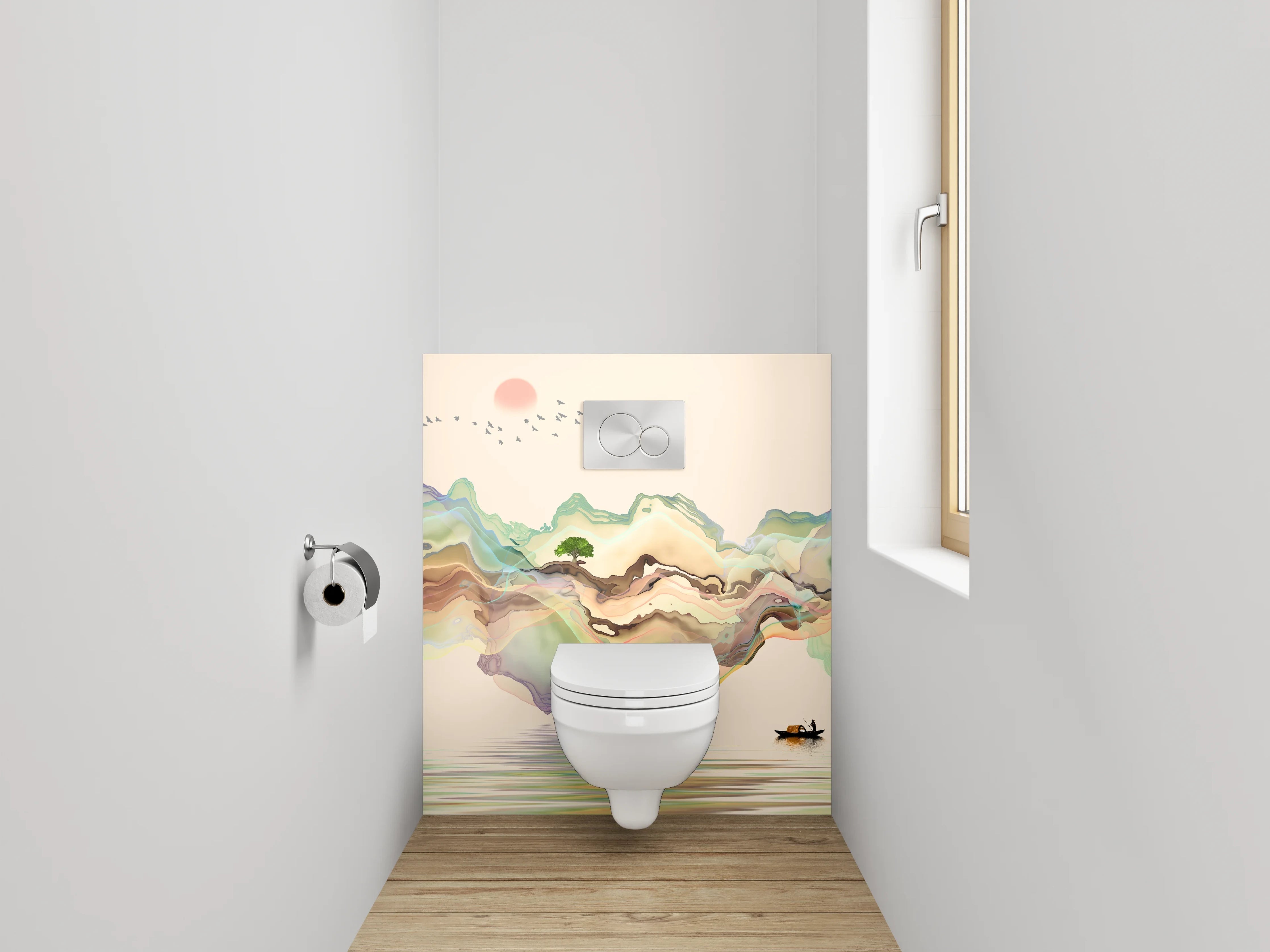WC-Rückwand - Aquarell Landschaft mit Boot und Bergen