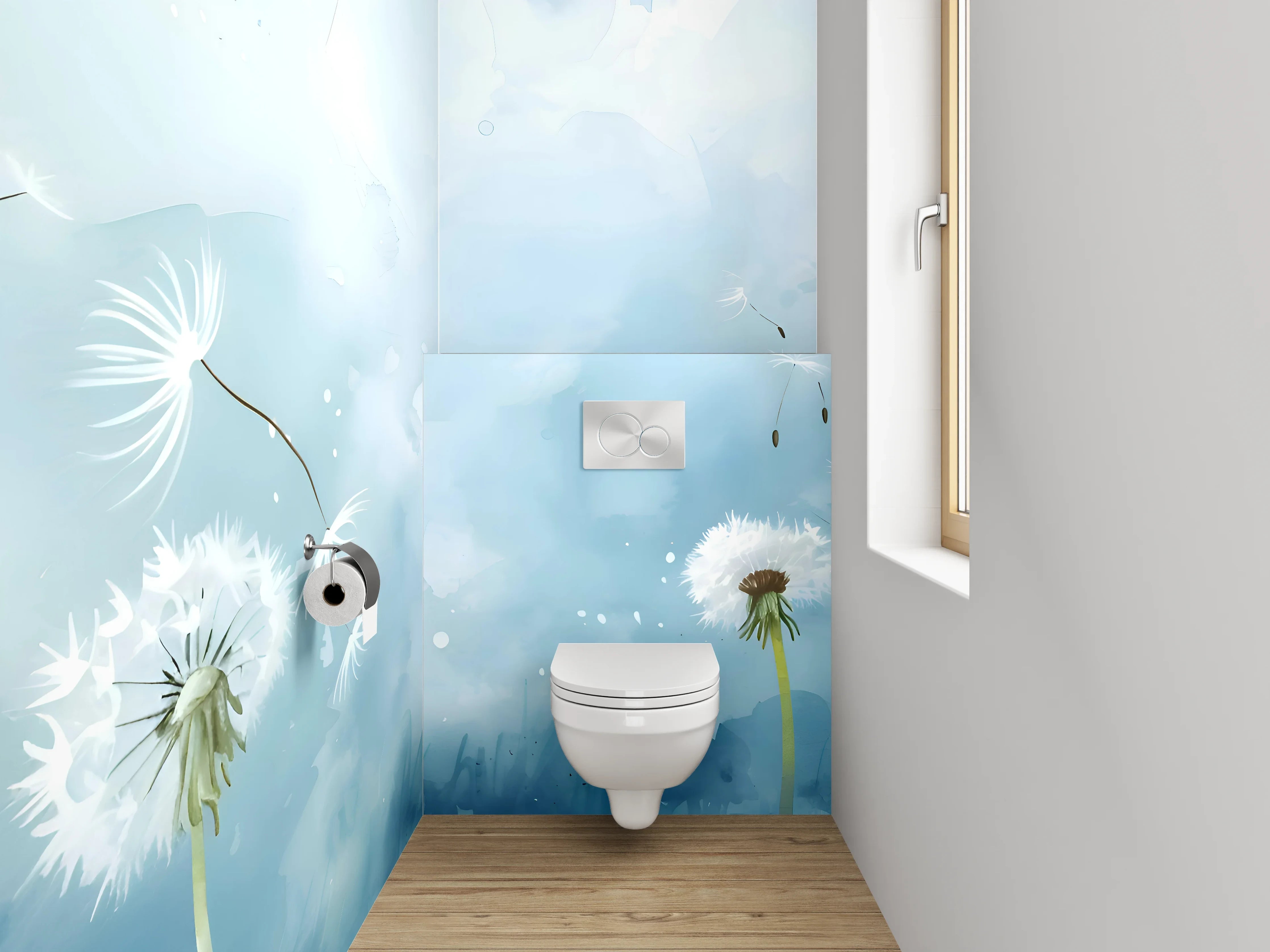 WC-Rückwand - Aquarell Löwenzahnwiese mit Himmel