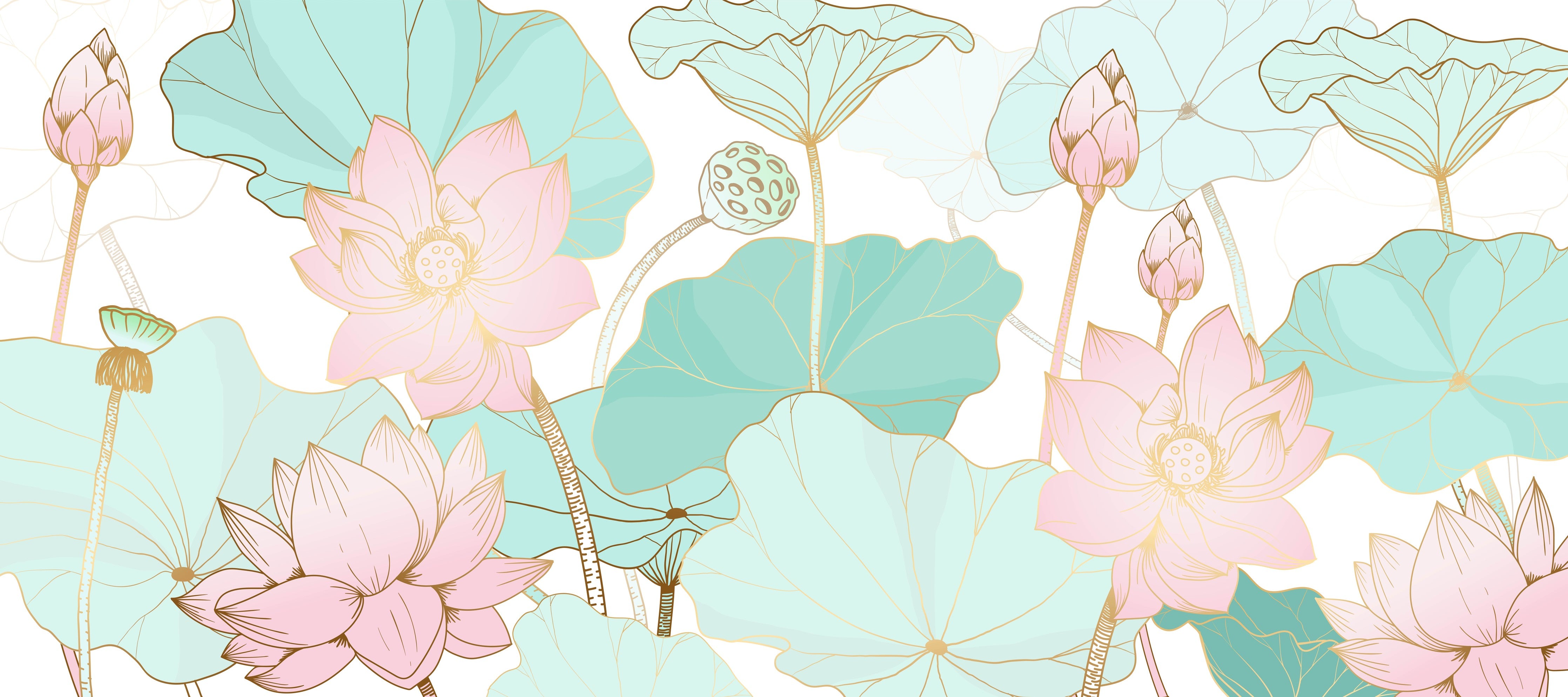 WC-Rückwand-Aquarell Lotusblüten Pastell Grün Rosa