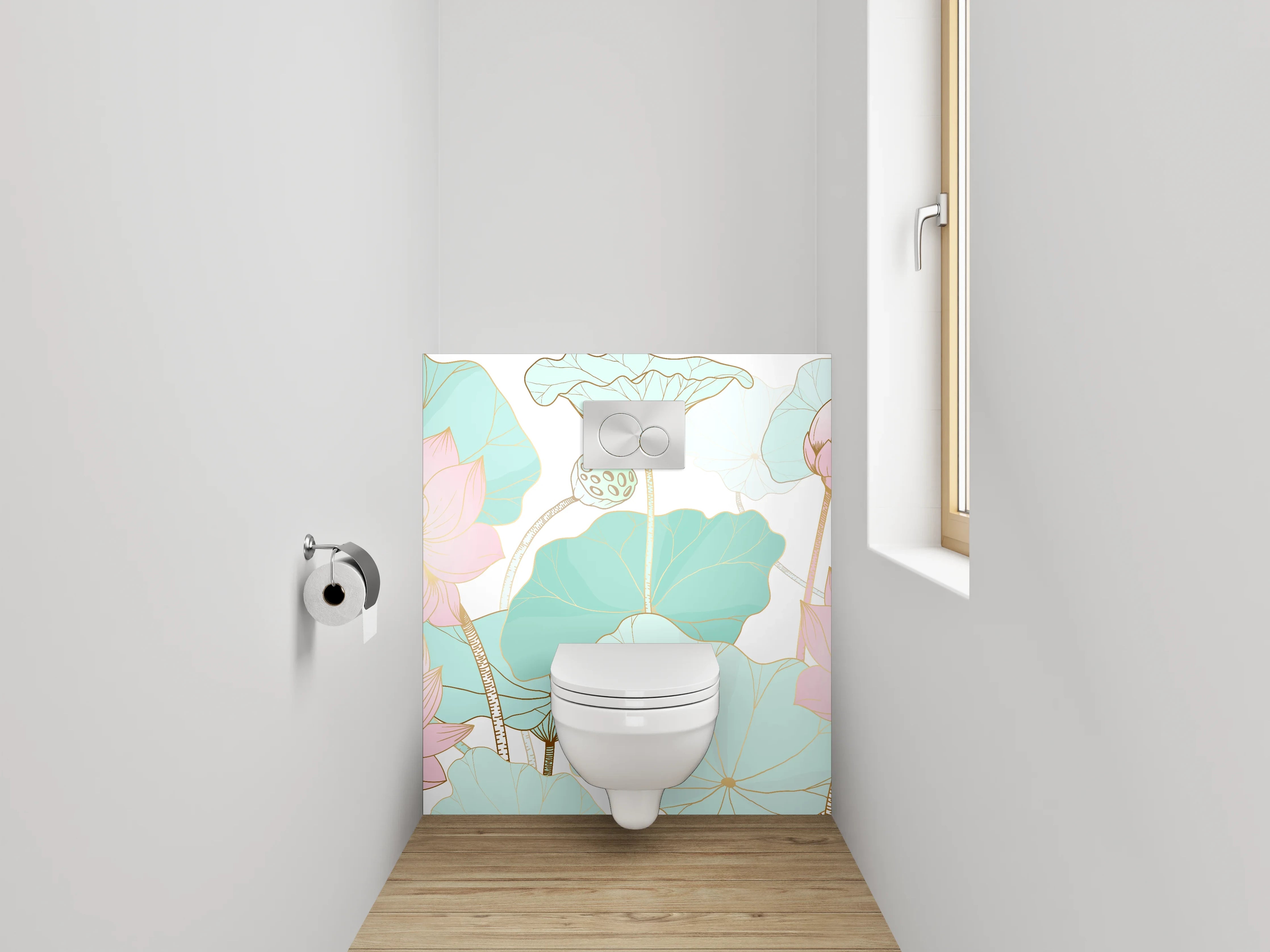 WC-Rückwand - Aquarell Lotusblüten Pastell Grün Rosa