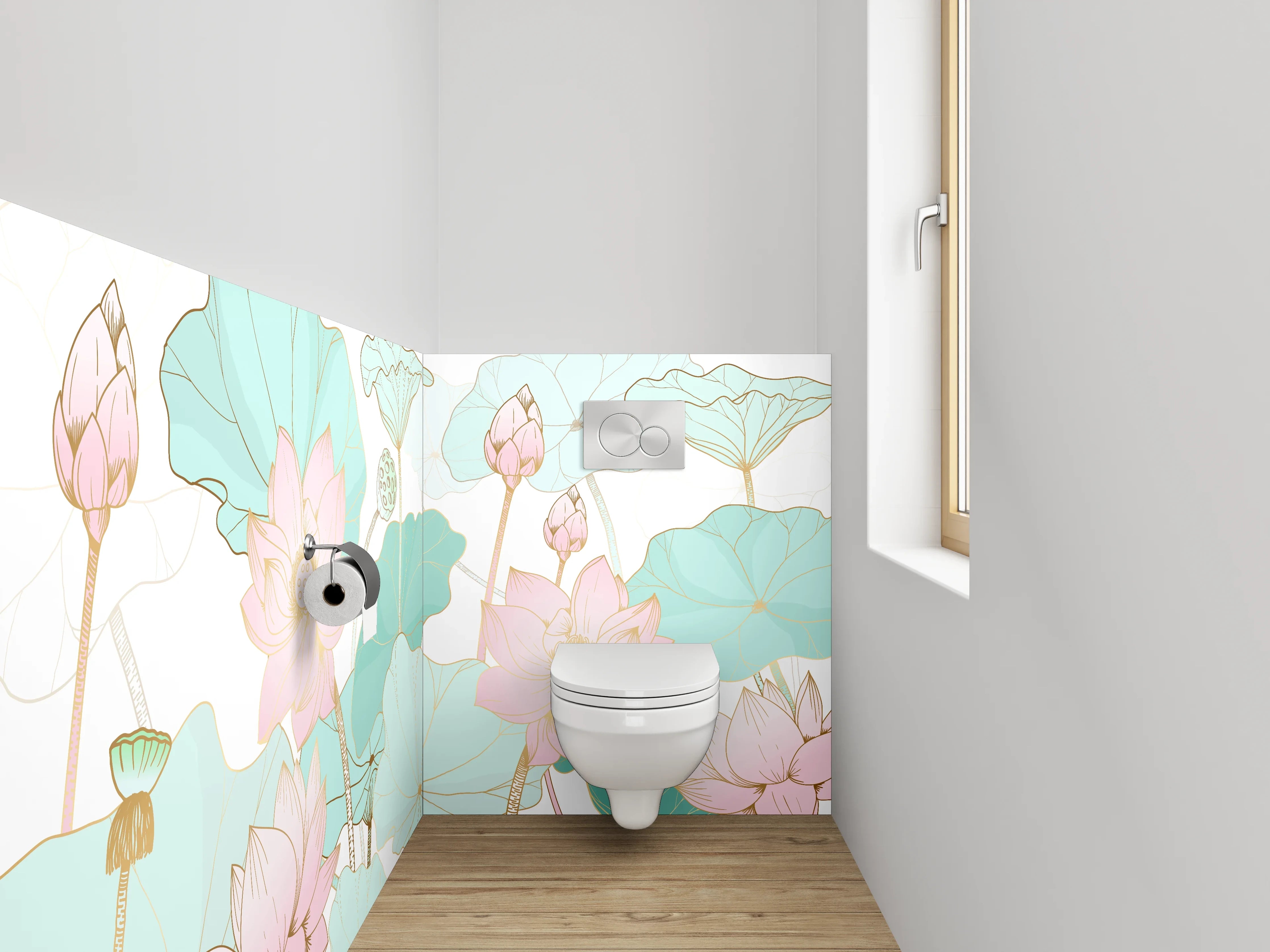 WC-Rückwand - Aquarell Lotusblüten Pastell Grün Rosa