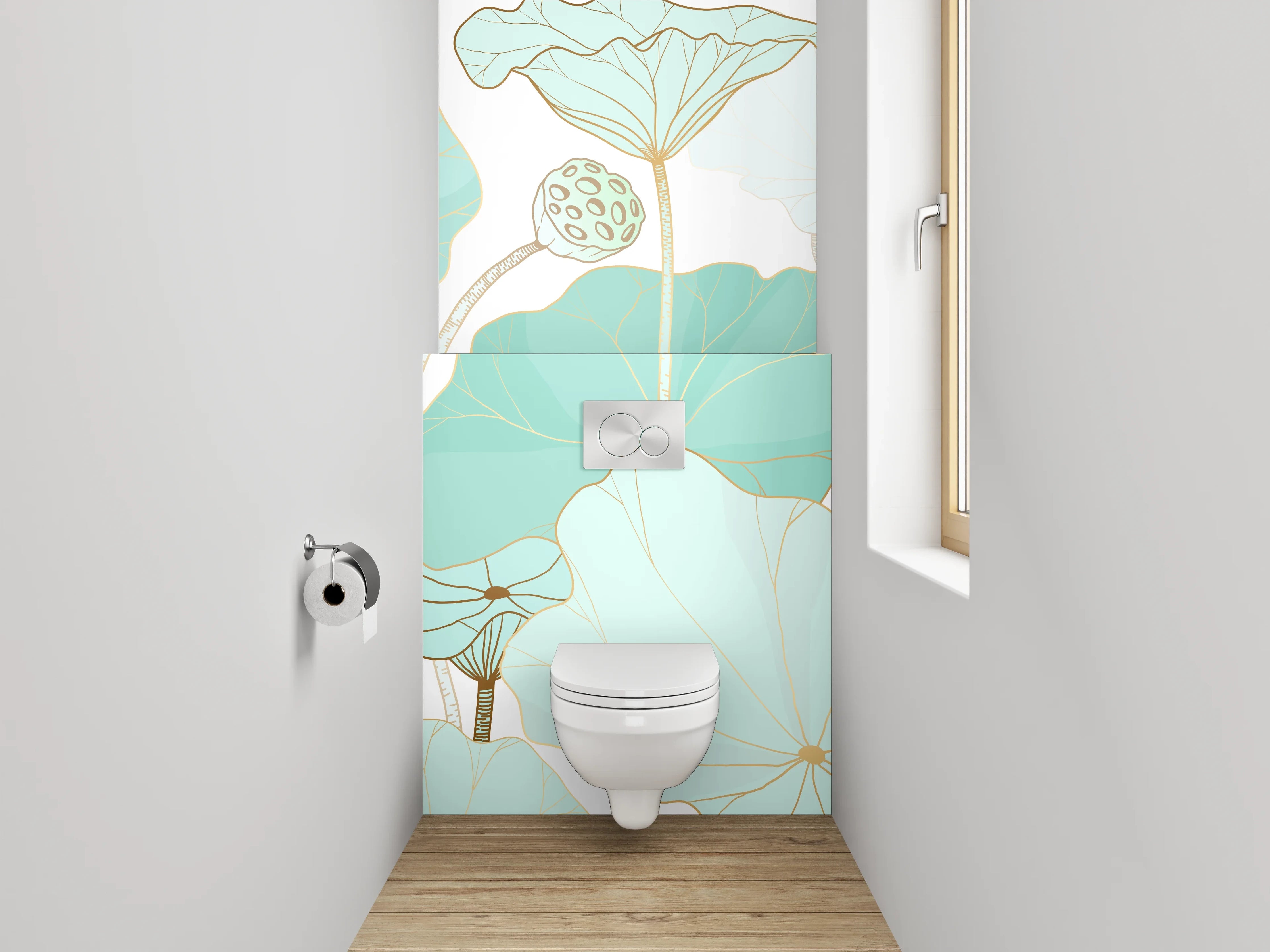 WC-Rückwand - Aquarell Lotusblüten Pastell Grün Rosa