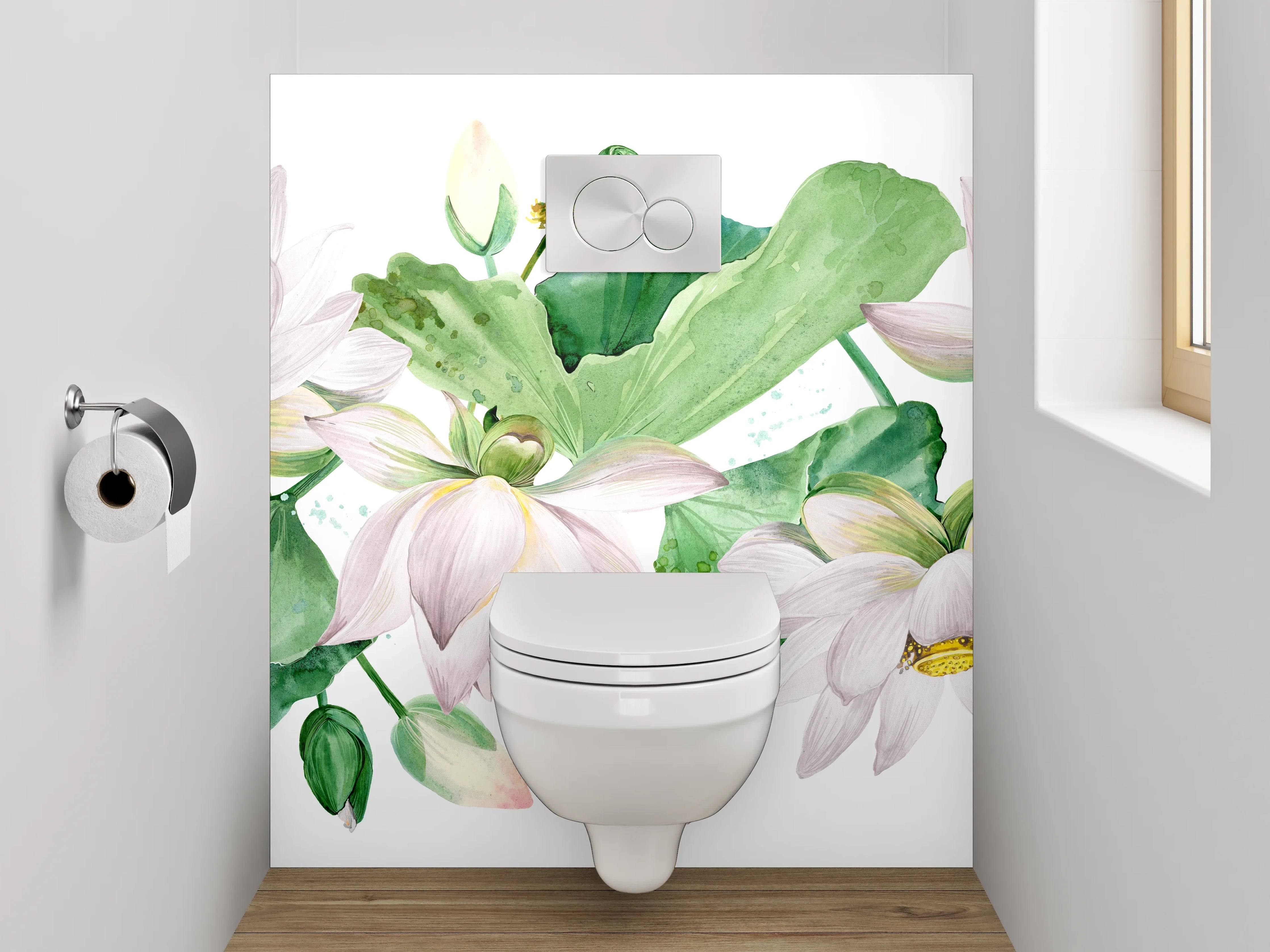 WC-Rückwand - Aquarell Lotusblüten Weiß Grün Rosa