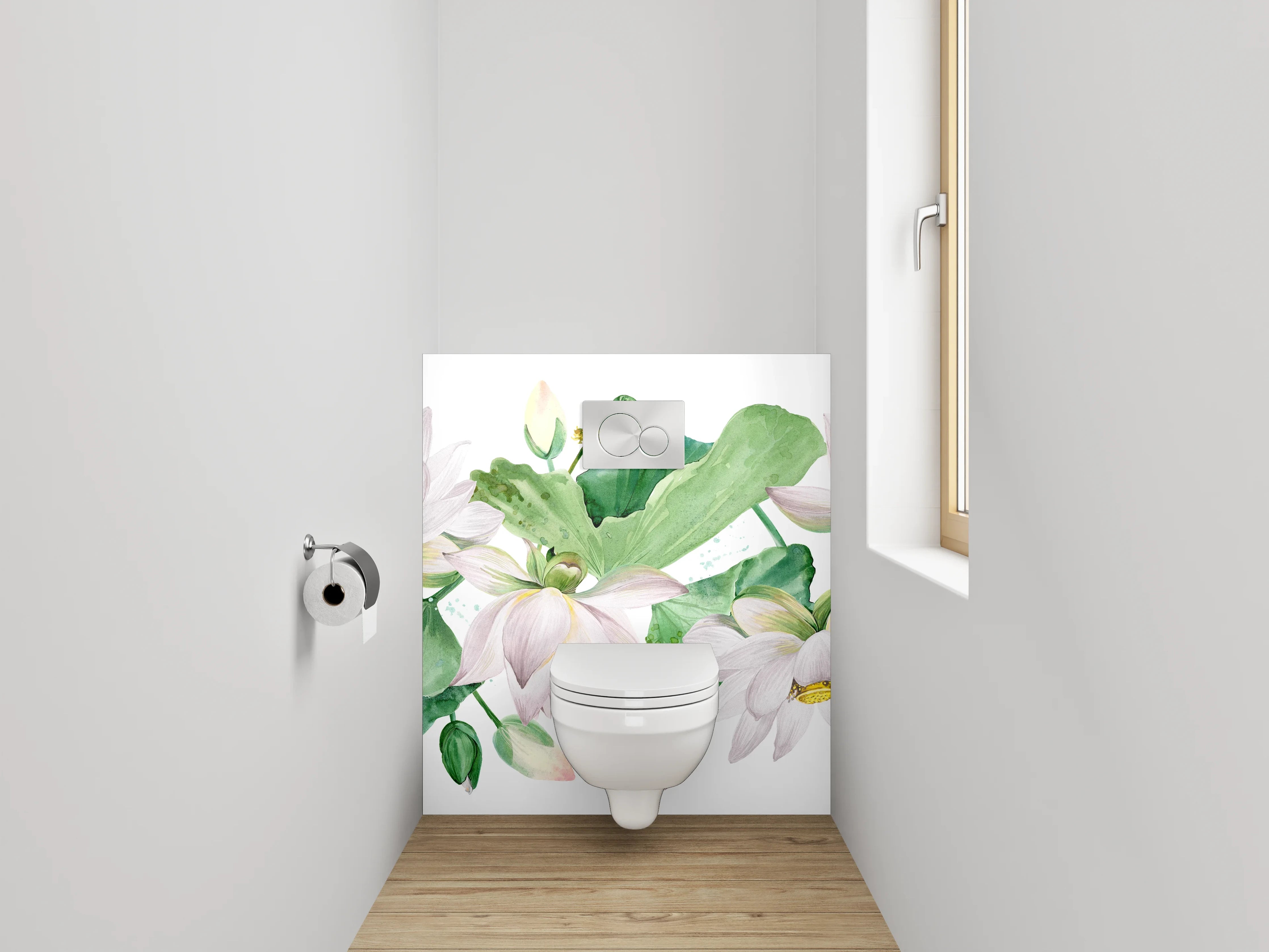 WC-Rückwand - Aquarell Lotusblüten Weiß Grün Rosa