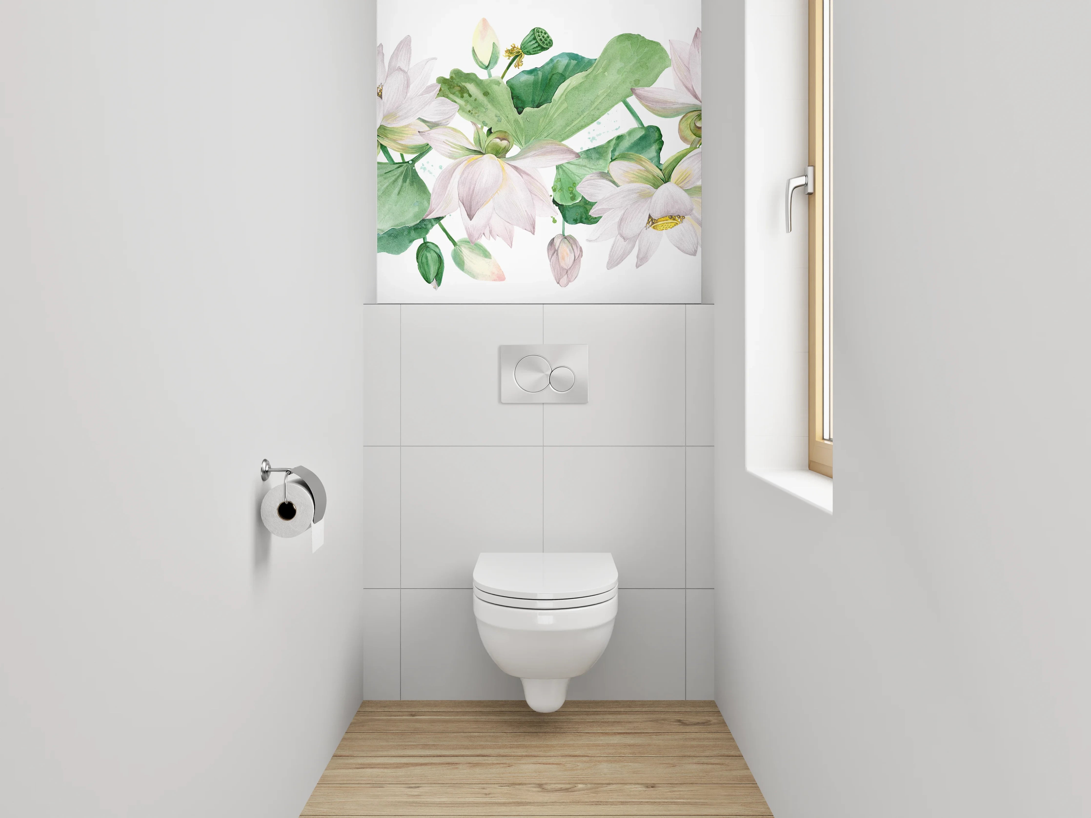 WC-Rückwand - Aquarell Lotusblüten Weiß Grün Rosa