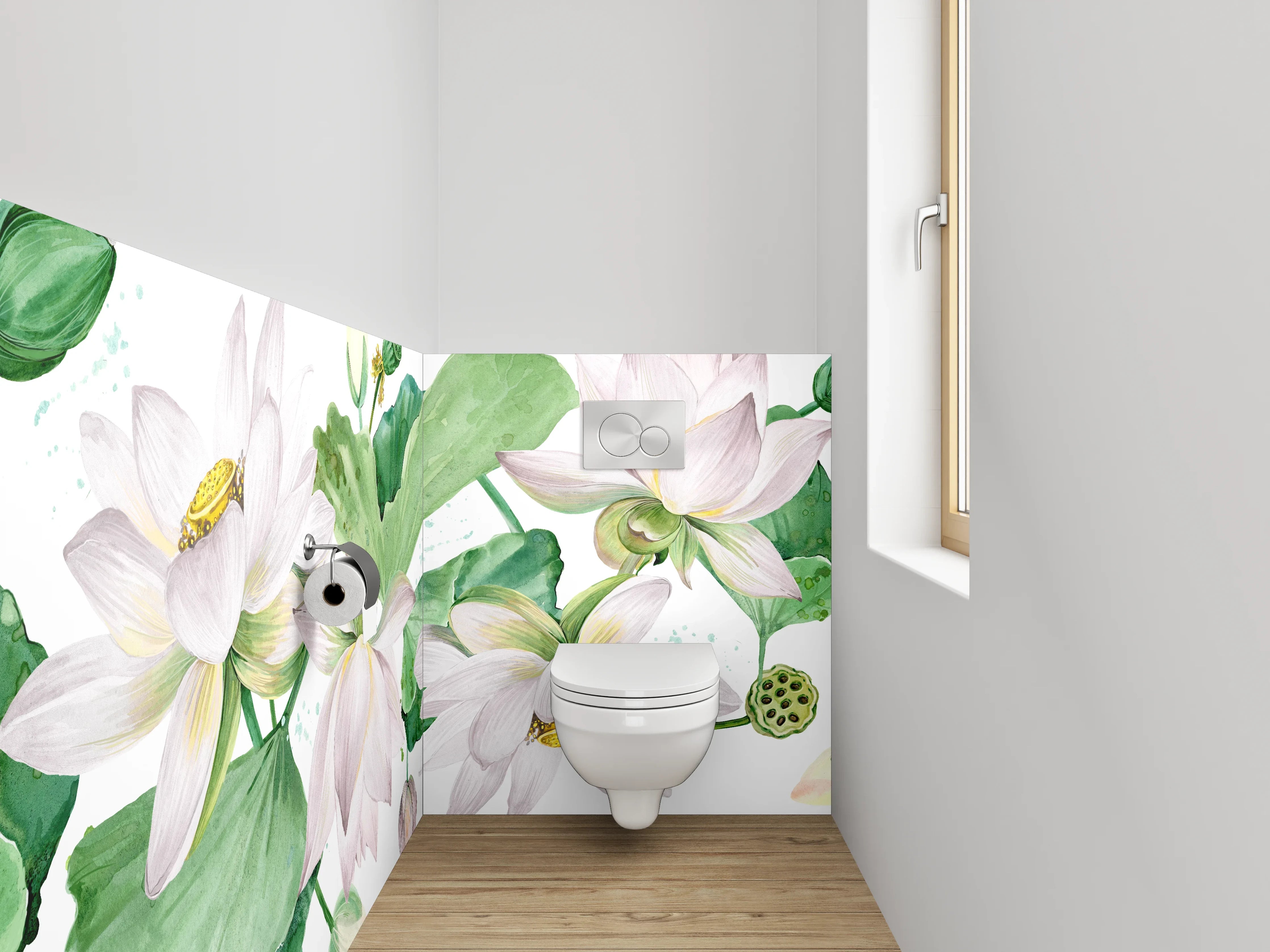 WC-Rückwand - Aquarell Lotusblüten Weiß Grün Rosa