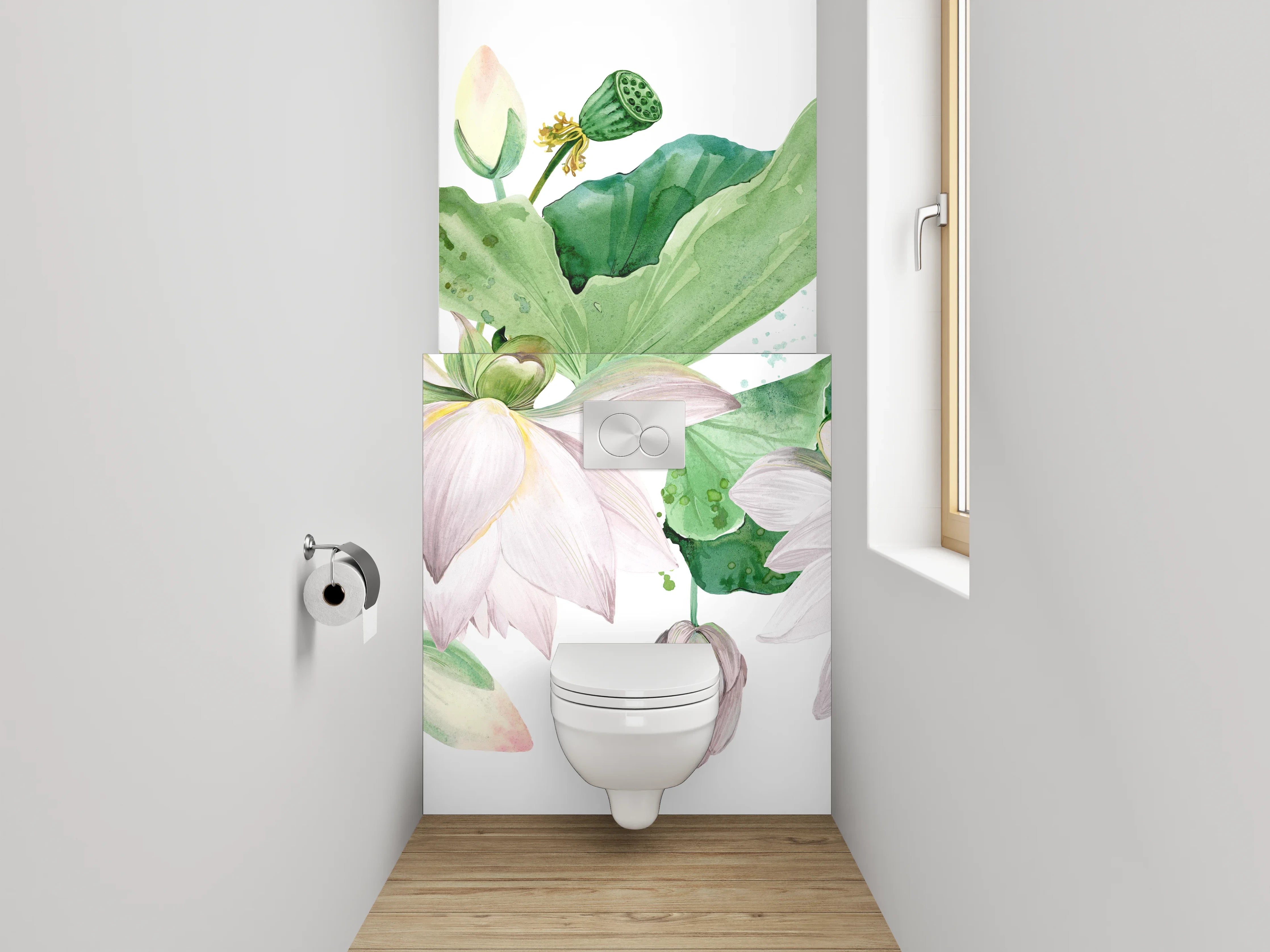 WC-Rückwand - Aquarell Lotusblüten Weiß Grün Rosa
