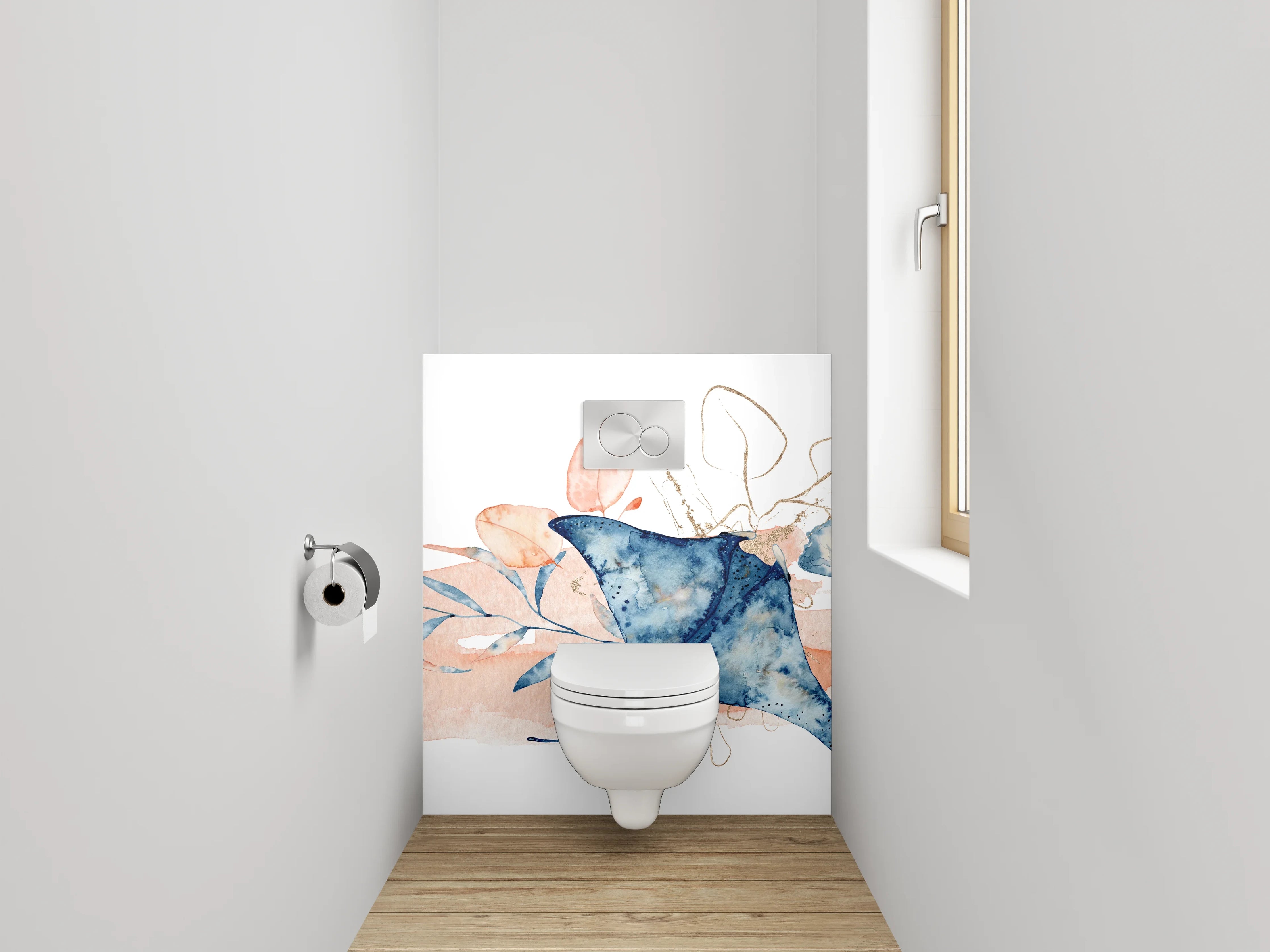 WC-Rückwand - Aquarell Mantarochen und Blüten