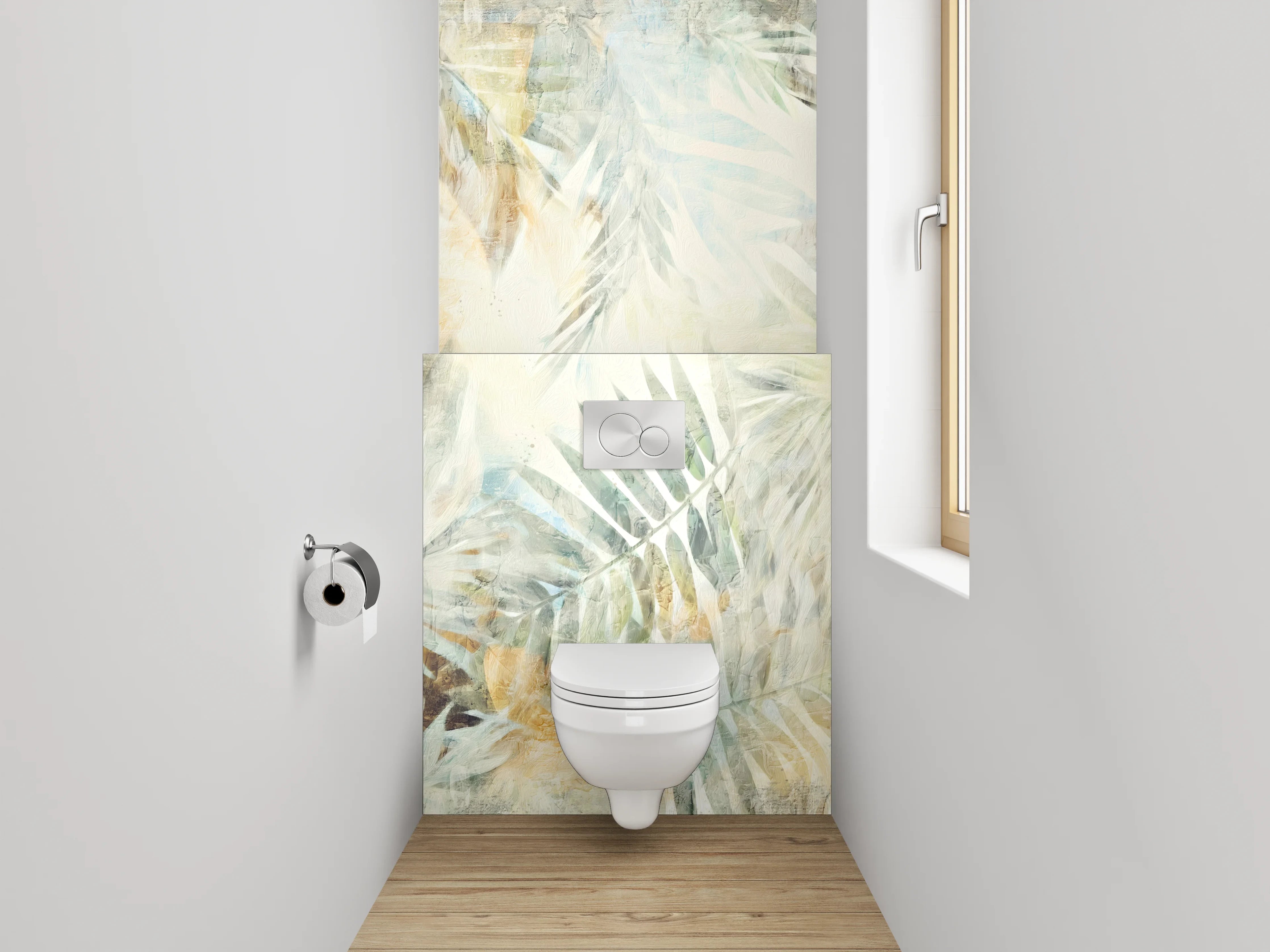 WC-Rückwand - Aquarell Palmenmuster Weiß Beige