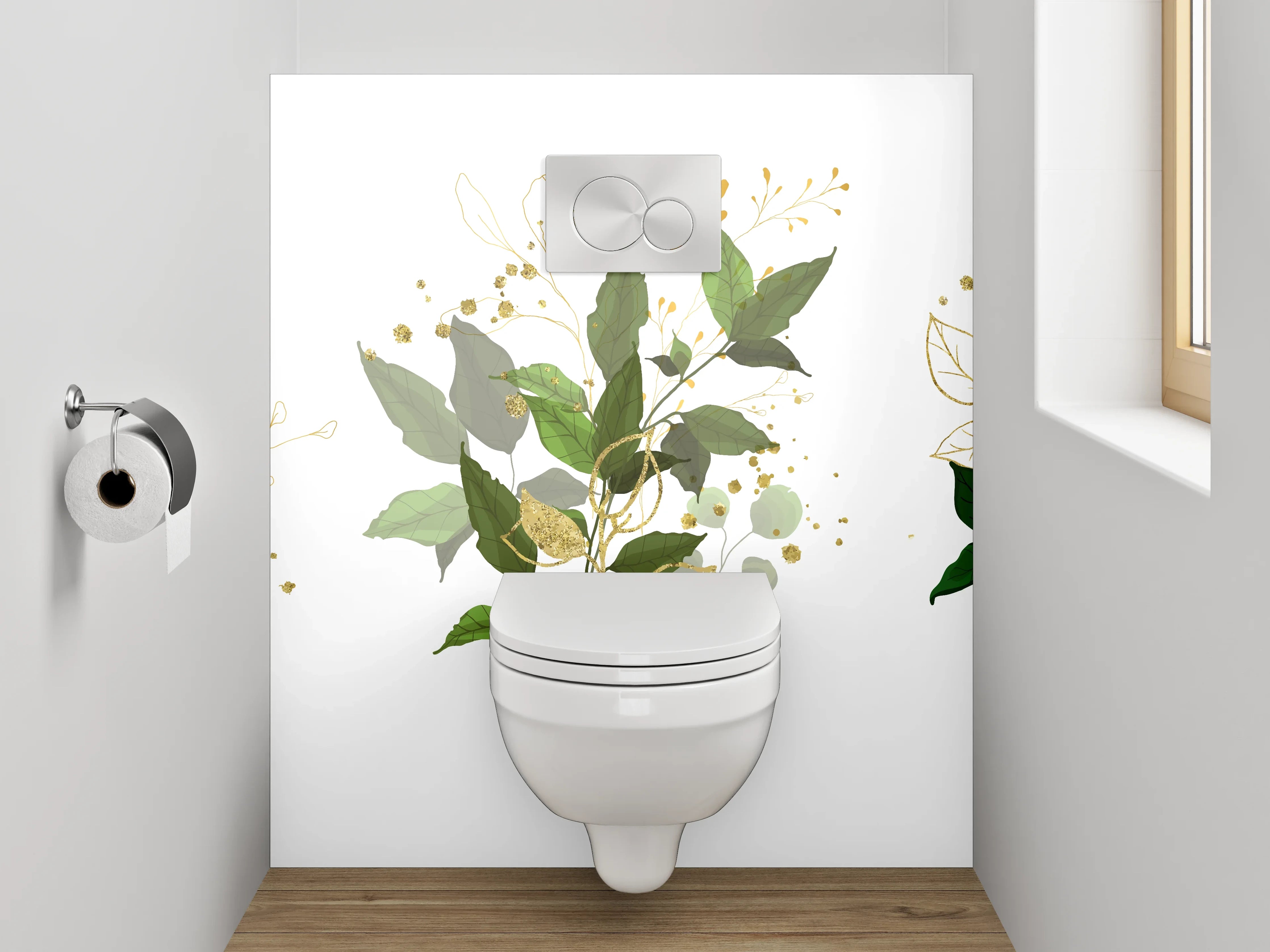 WC-Rückwand - Aquarell Pflanzen Poster Grün Gold