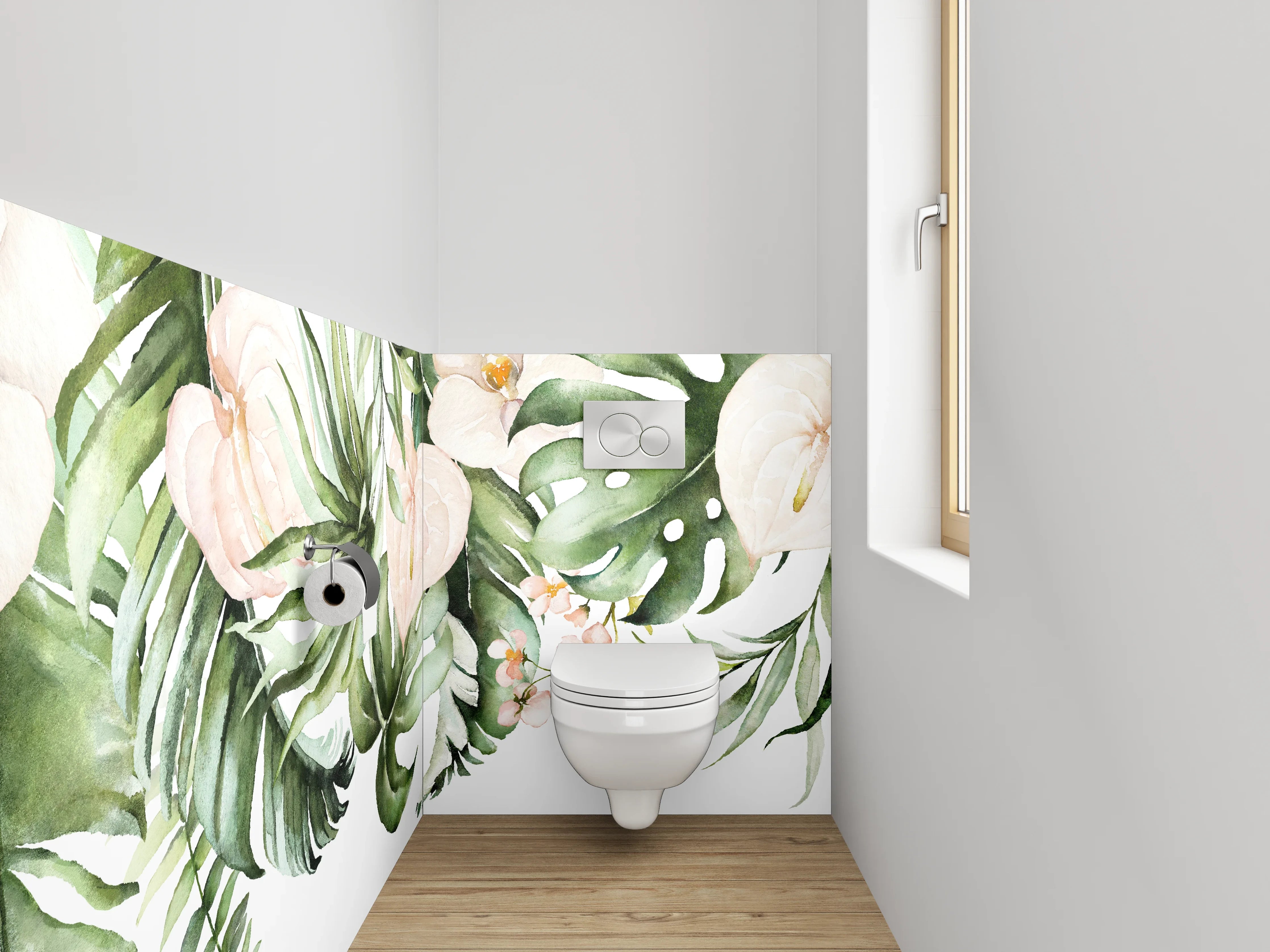 WC-Rückwand - Aquarell Tropenblätter & zarte Blüten