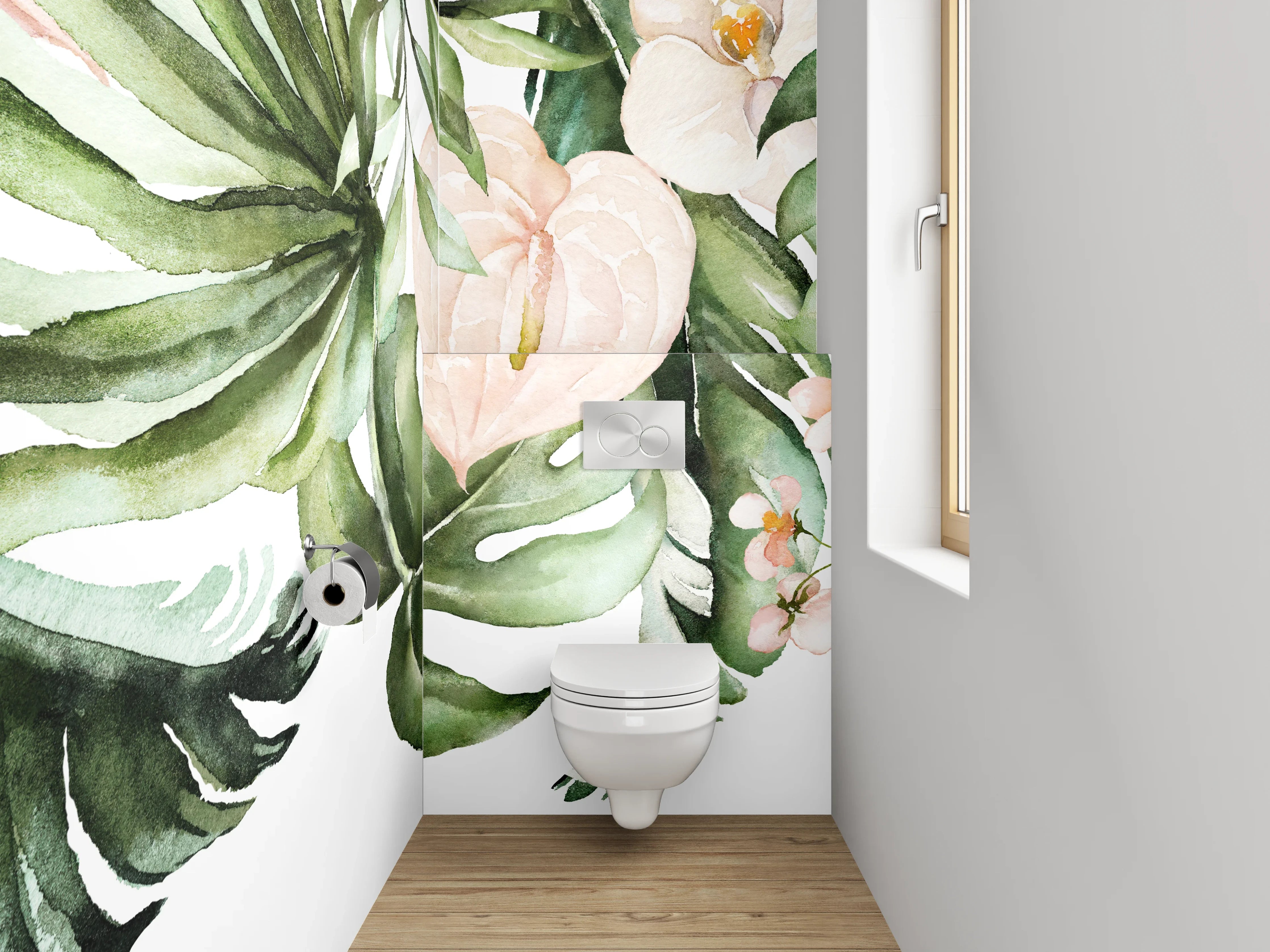 WC-Rückwand - Aquarell Tropenblätter & zarte Blüten