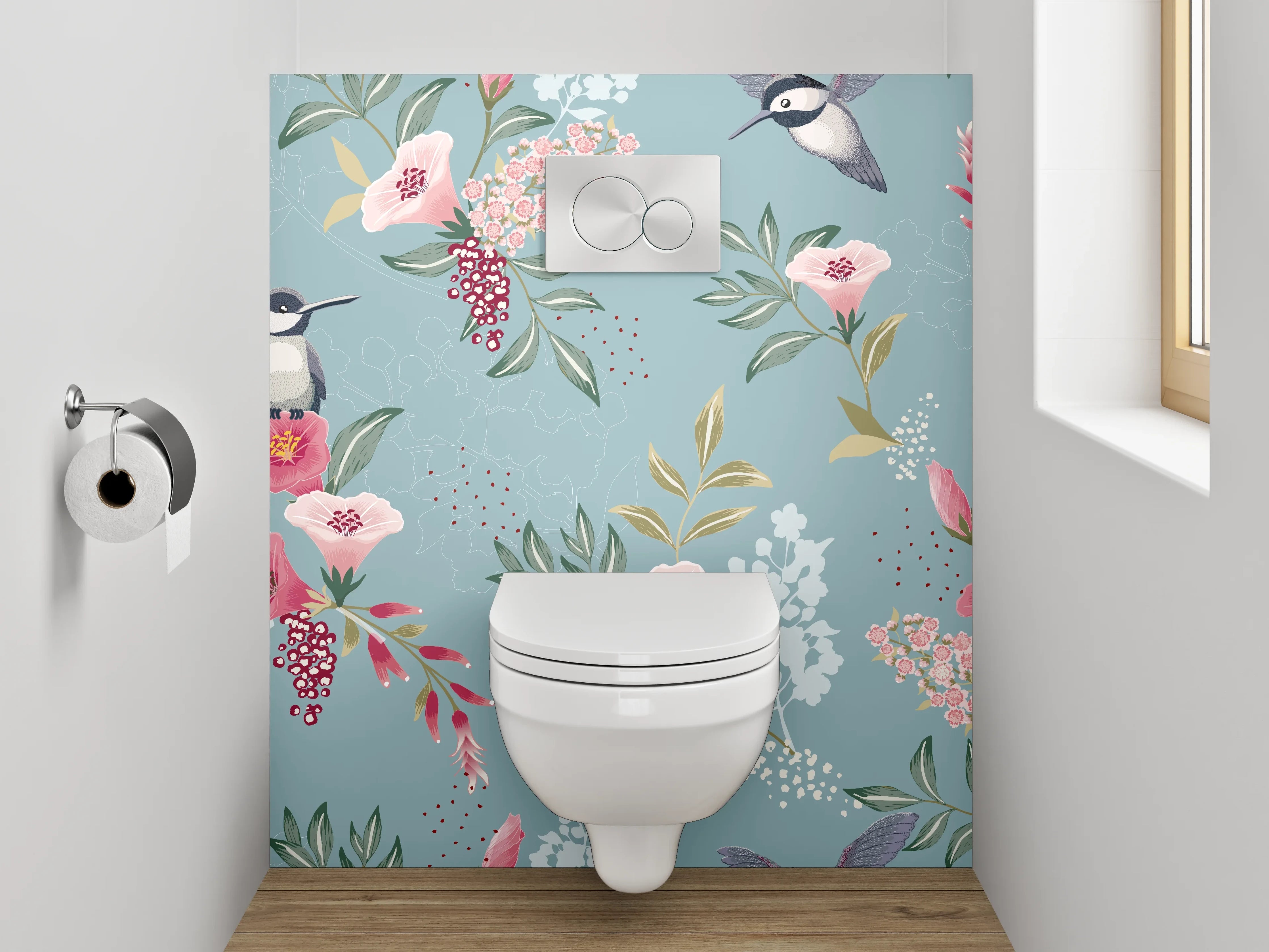 WC-Rückwand - Aquarell Vogel & Blumen Muster Blau