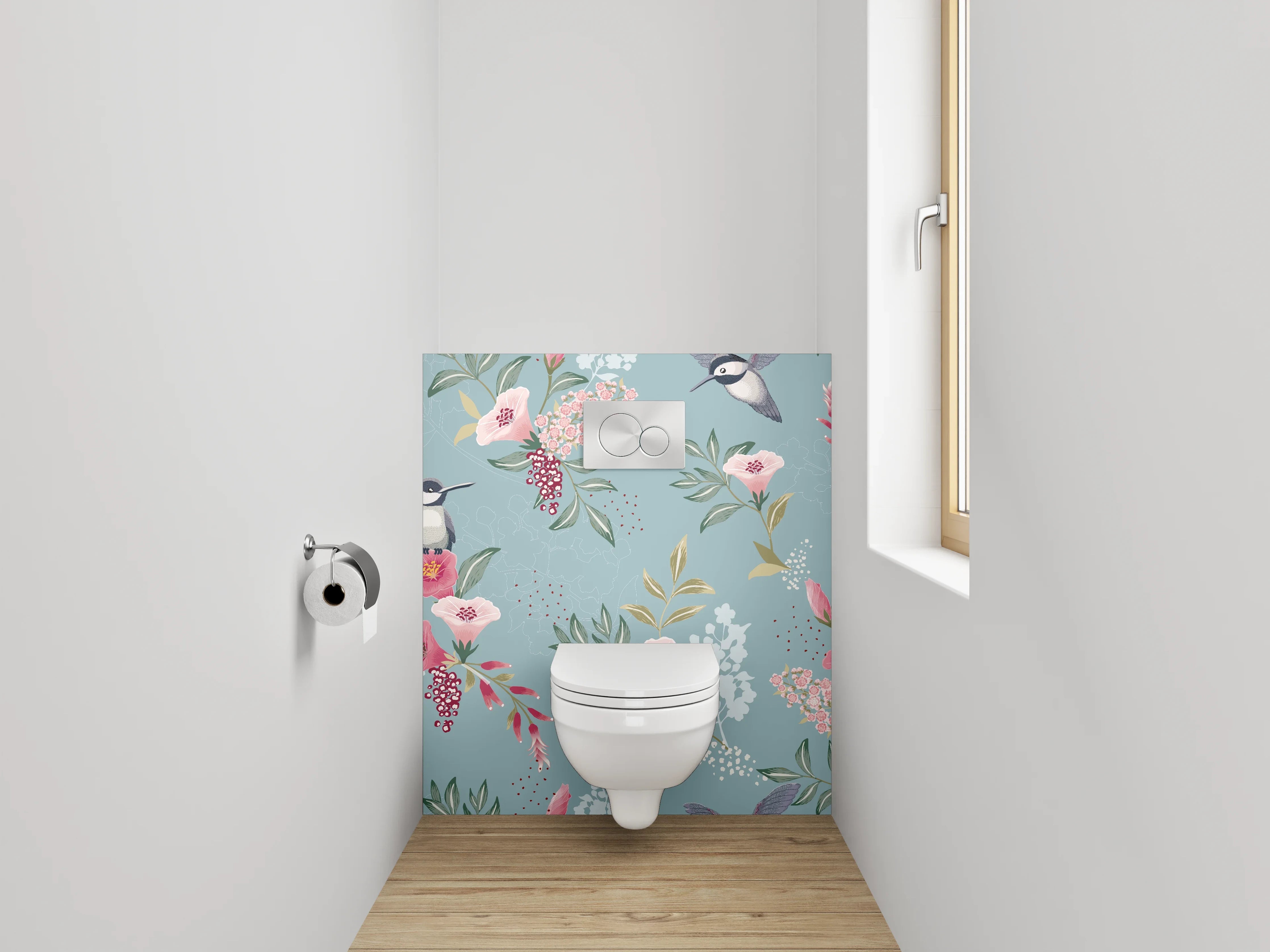 WC-Rückwand - Aquarell Vogel & Blumen Muster Blau