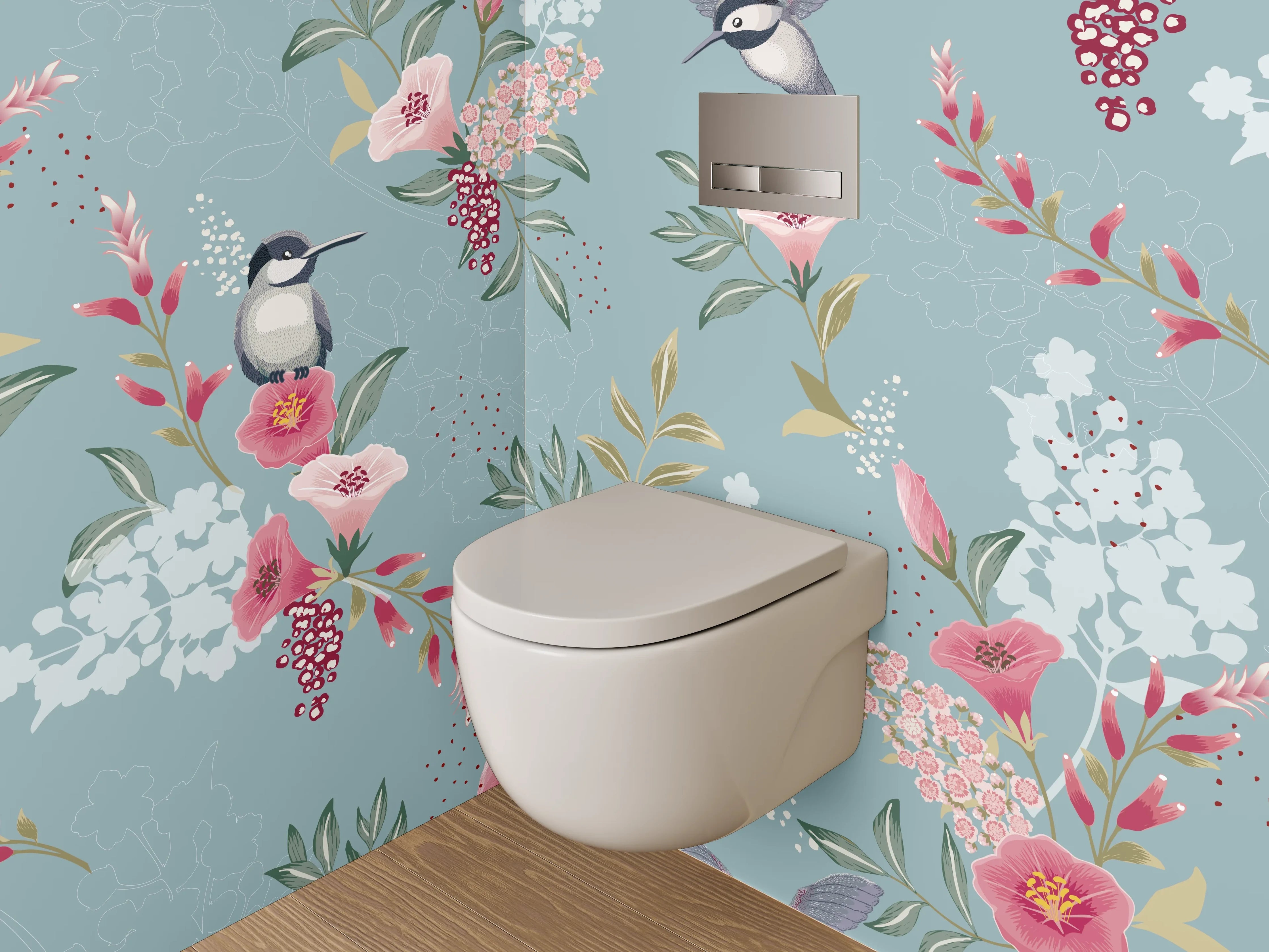 WC-Rückwand - Aquarell Vogel & Blumen Muster Blau