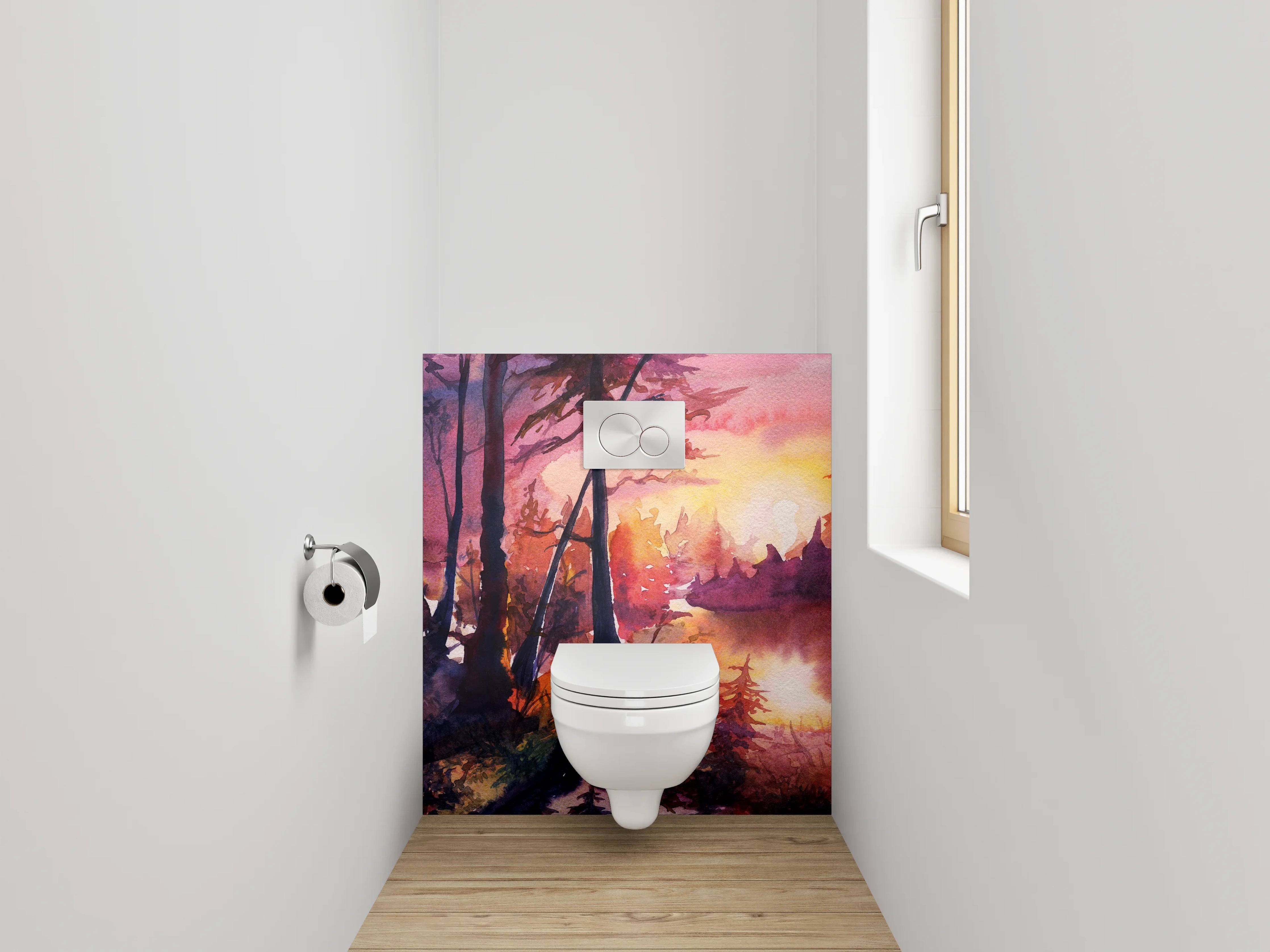 WC-Rückwand - Aquarell Waldsee Sonnenuntergang Kunstwerk