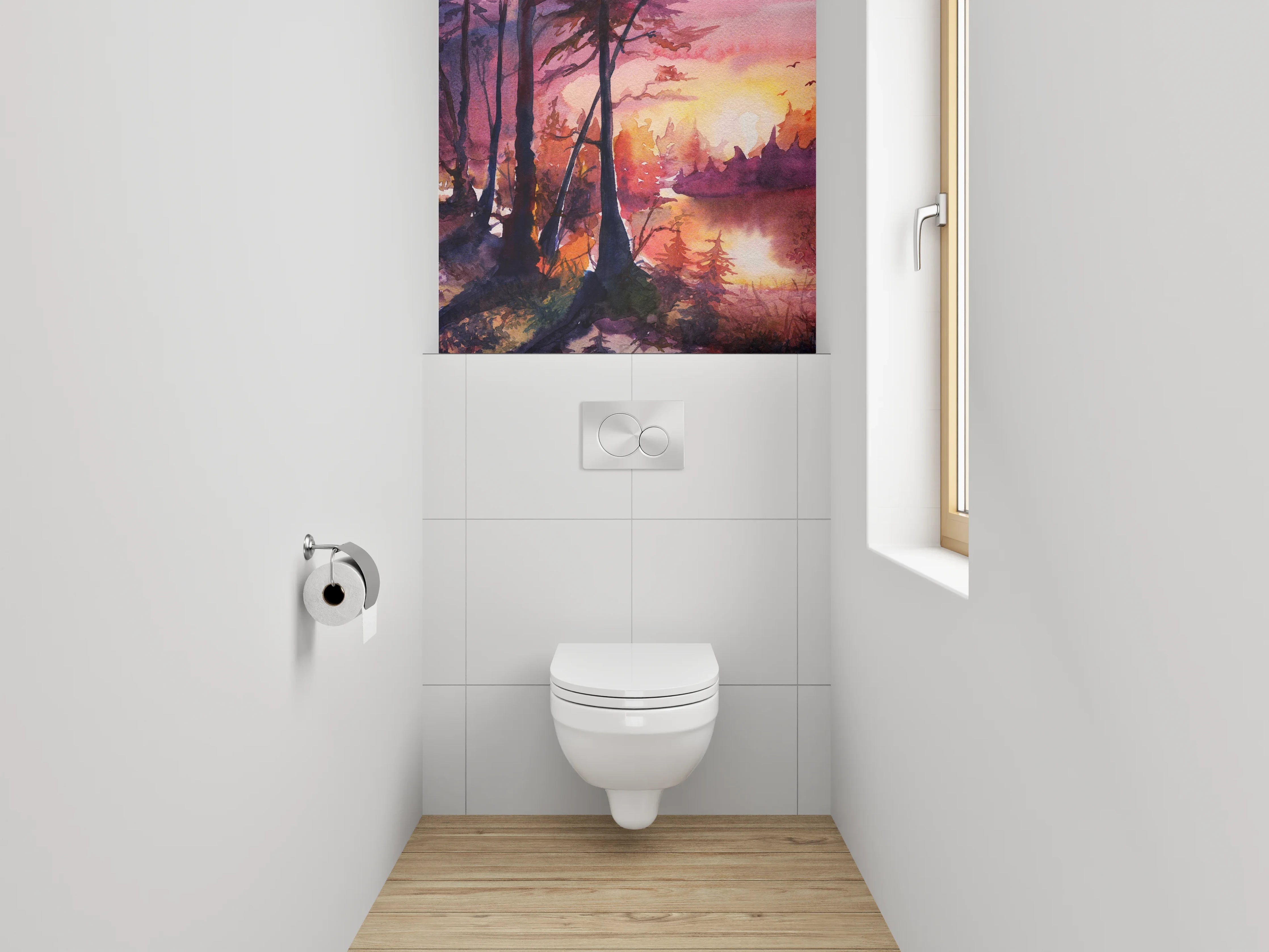 WC-Rückwand - Aquarell Waldsee Sonnenuntergang Kunstwerk