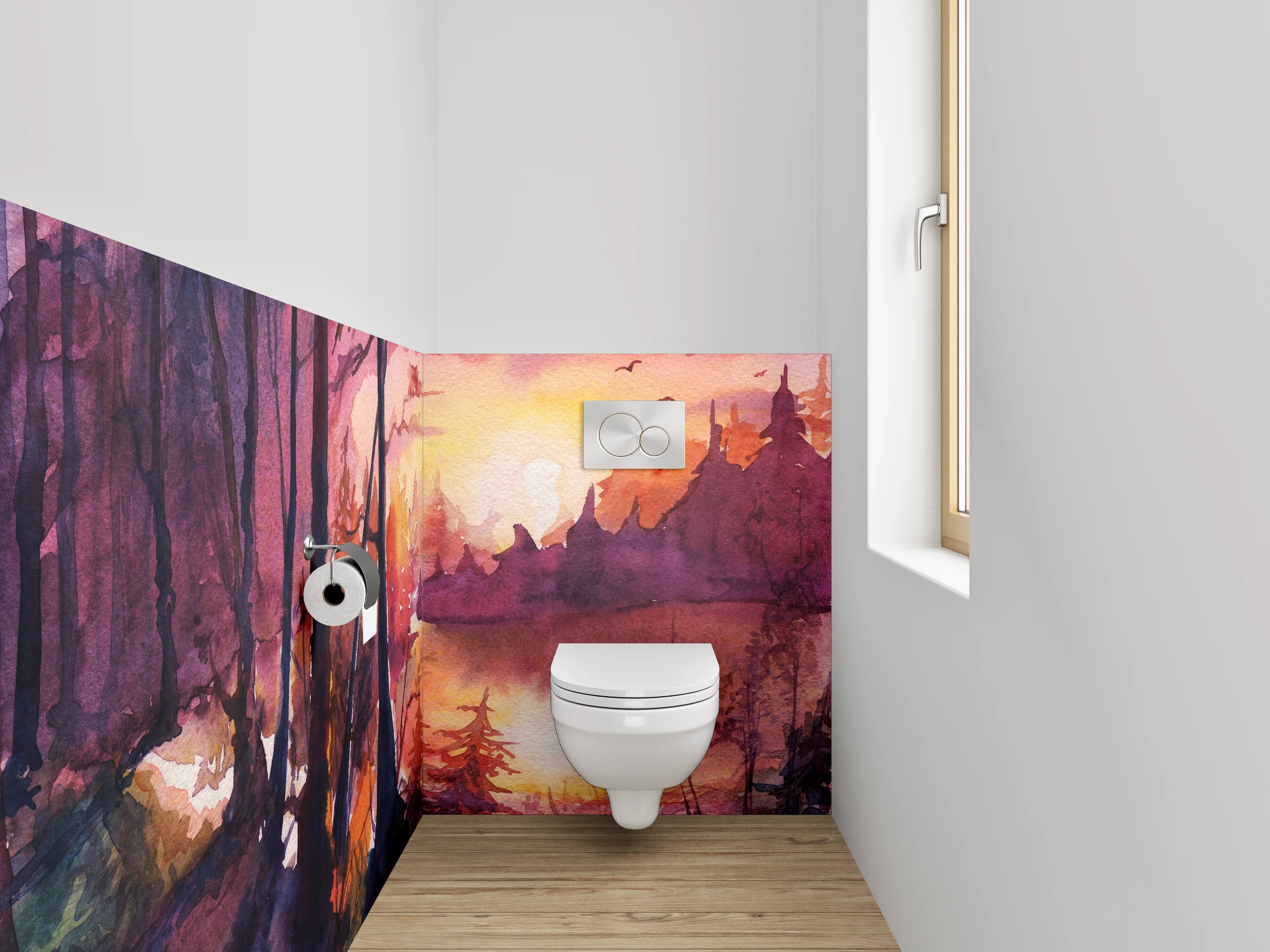 WC-Rückwand - Aquarell Waldsee Sonnenuntergang Kunstwerk
