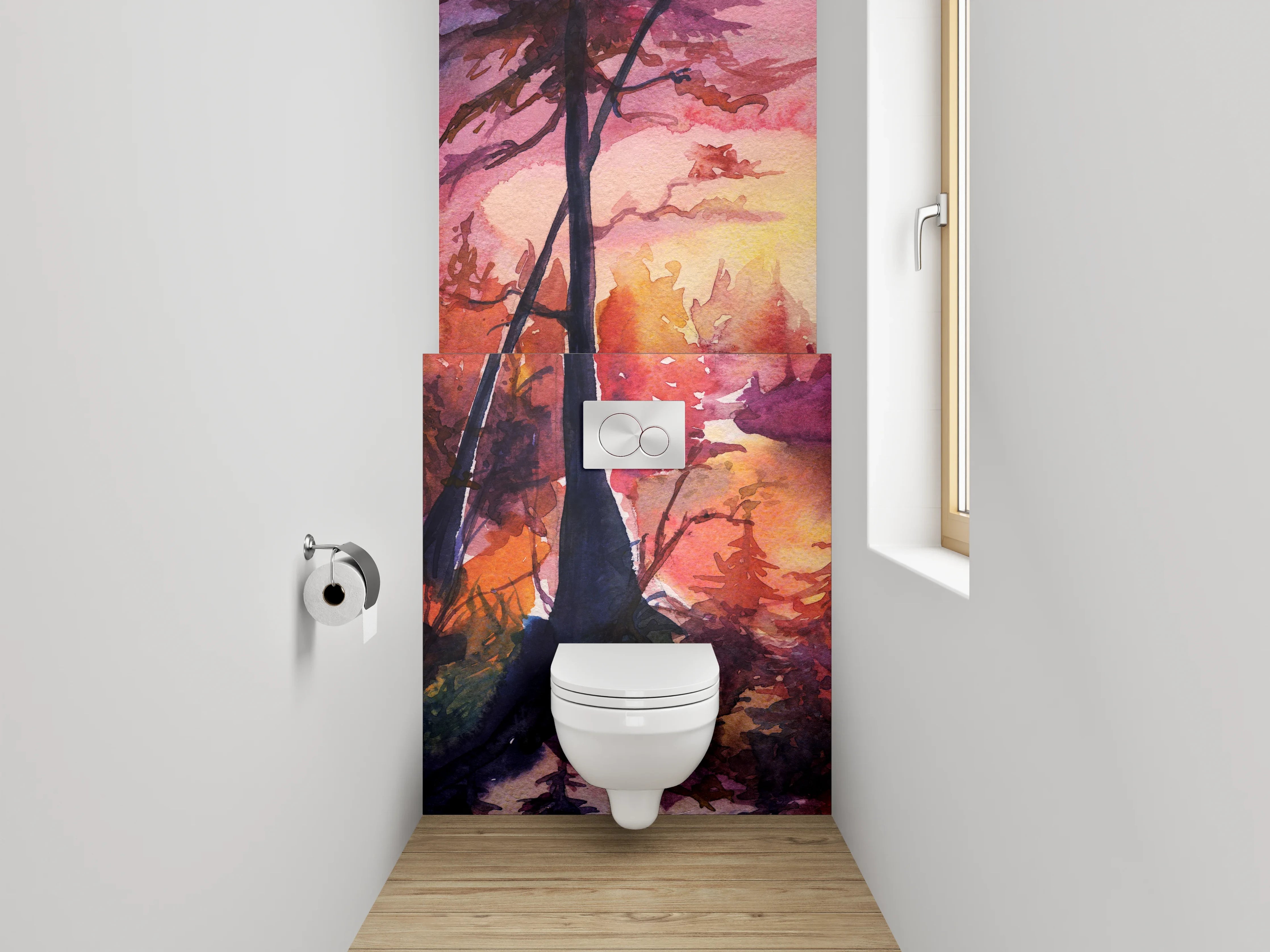 WC-Rückwand - Aquarell Waldsee Sonnenuntergang Kunstwerk