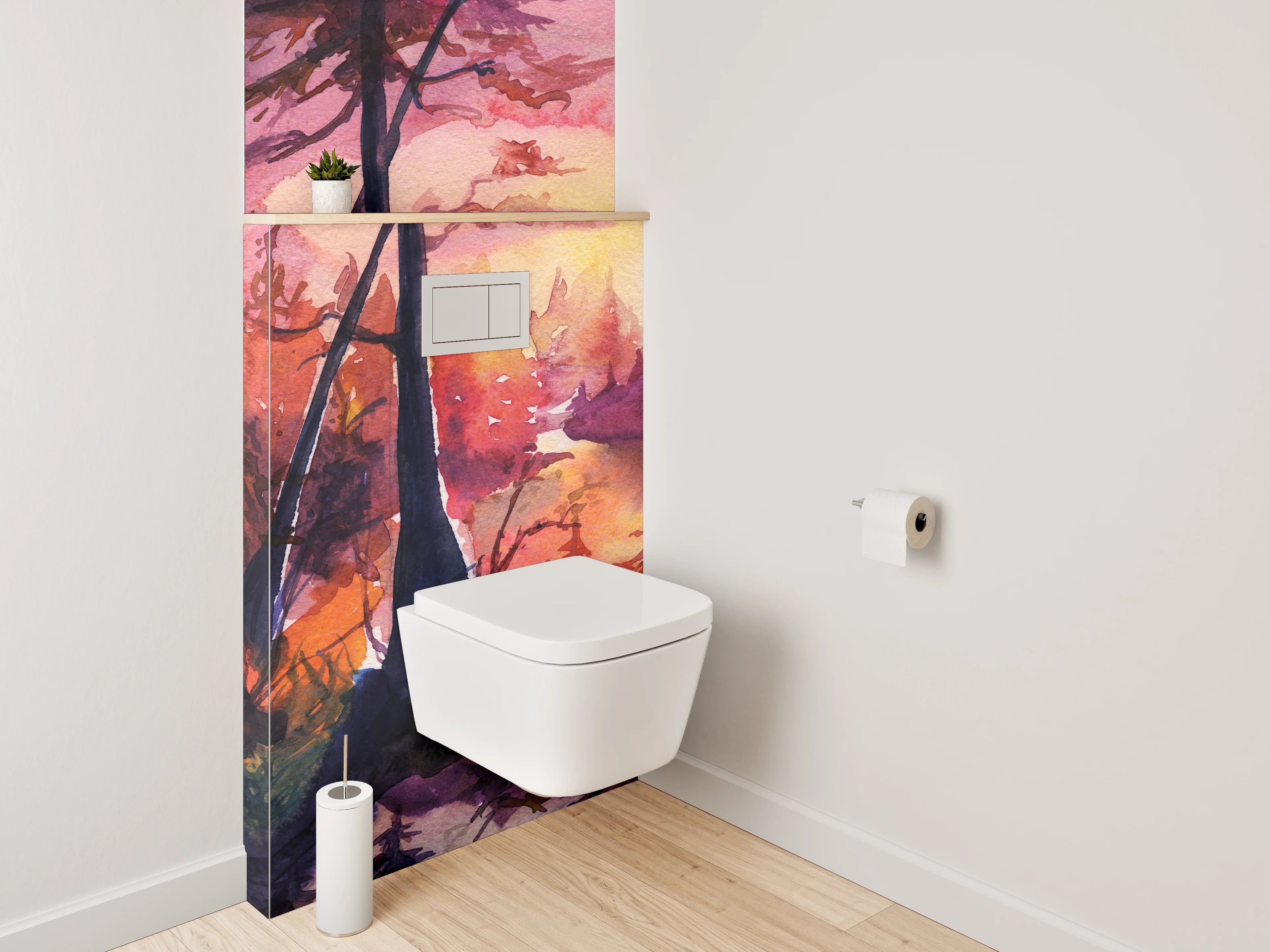 WC-Rückwand - Aquarell Waldsee Sonnenuntergang Kunstwerk