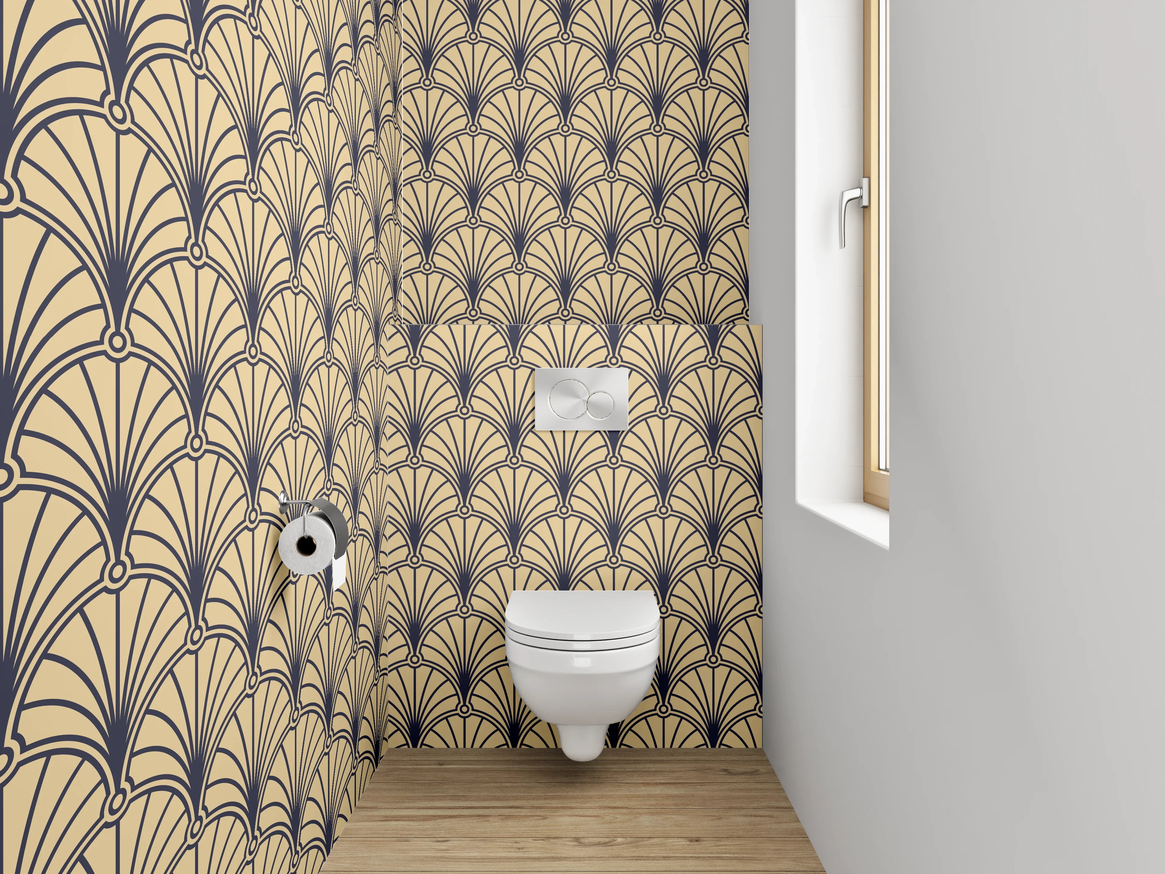 WC-Rückwand - Art Deco Fächer Muster beige schwarz