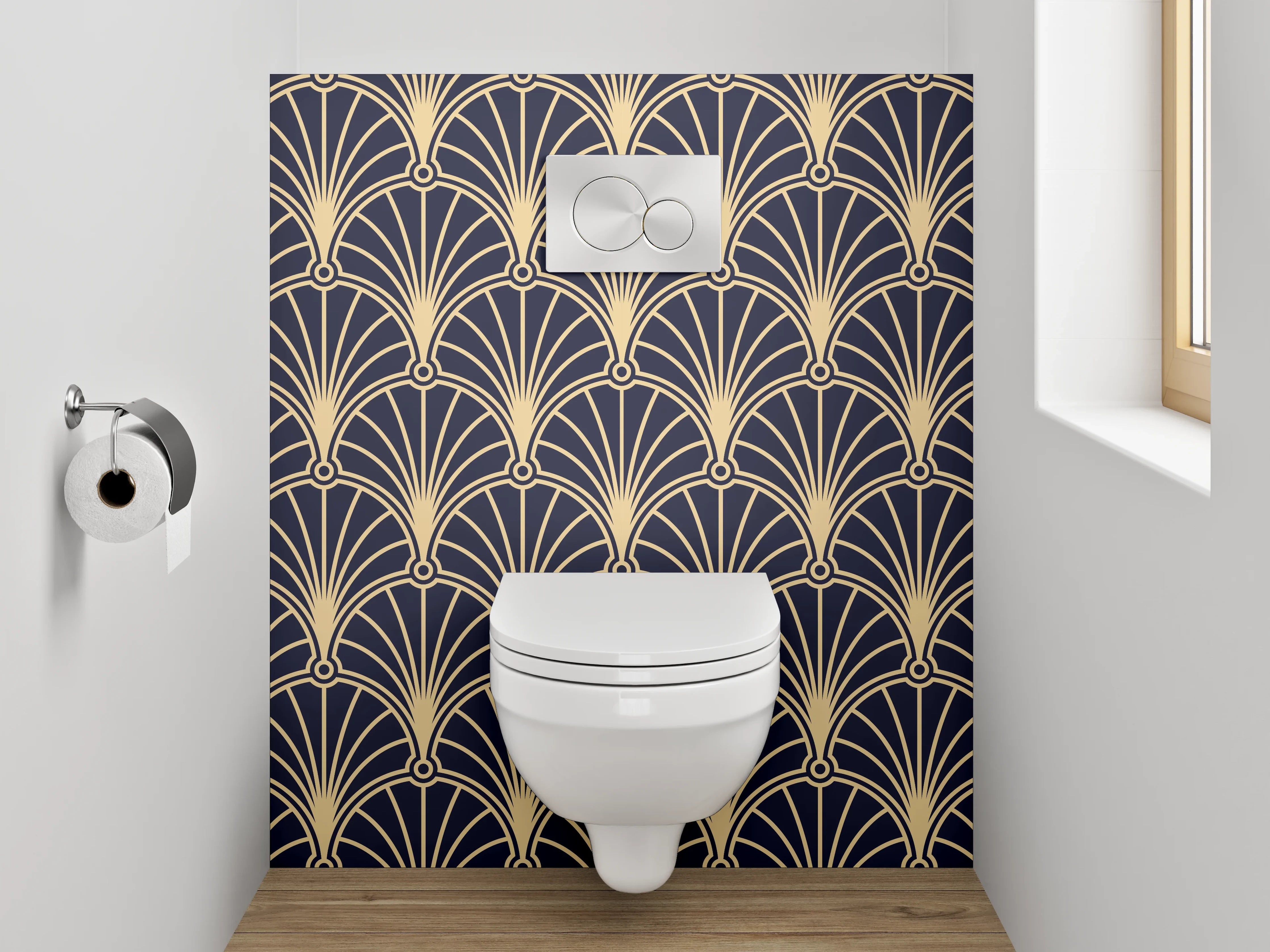 WC-Rückwand - Art Deco Muster Tapete Gold Schwarz