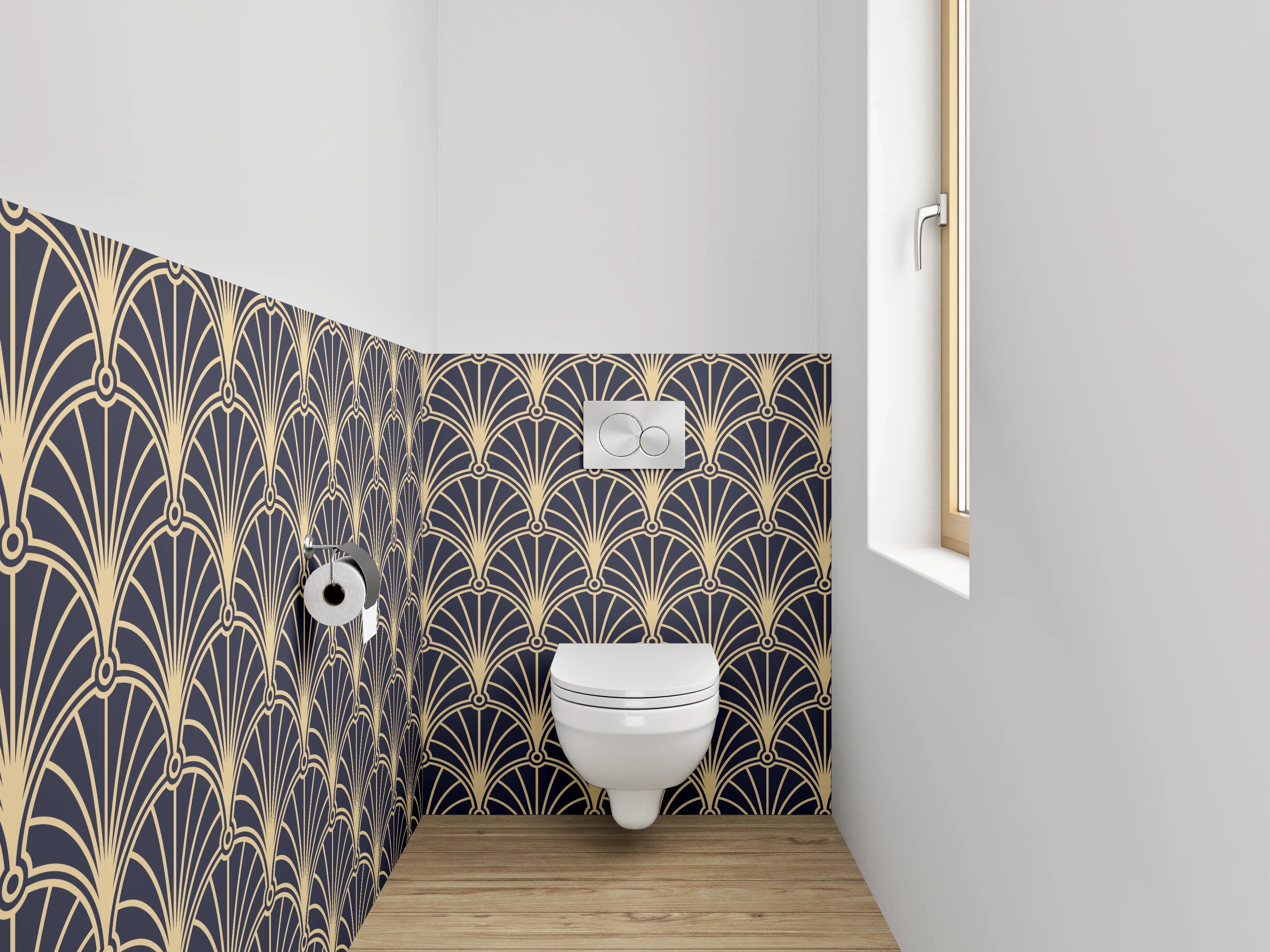 WC-Rückwand - Art Deco Muster Tapete Gold Schwarz