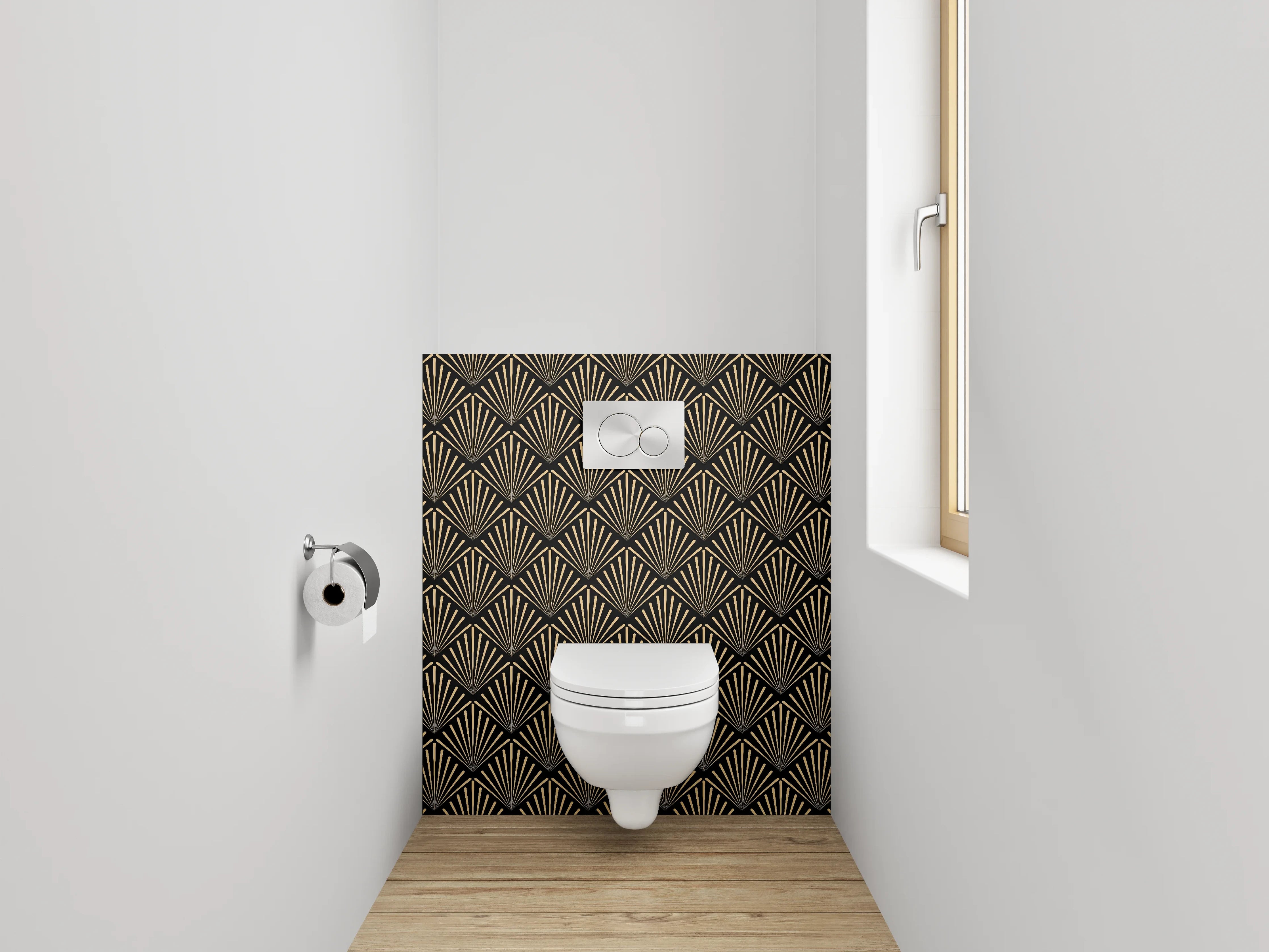 WC-Rückwand - Art déco Fächer Muster Schwarz Gold