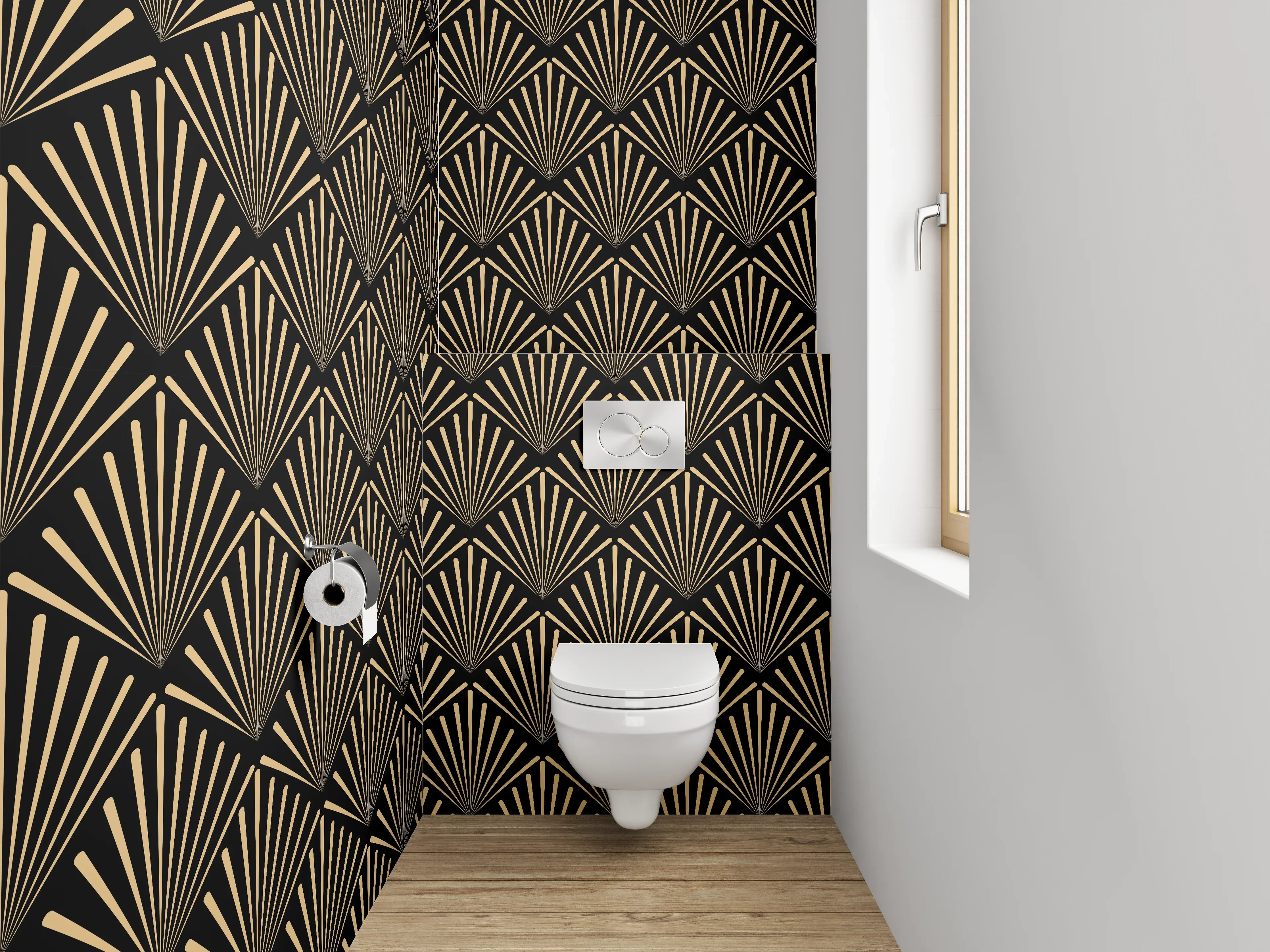 WC-Rückwand - Art déco Fächer Muster Schwarz Gold