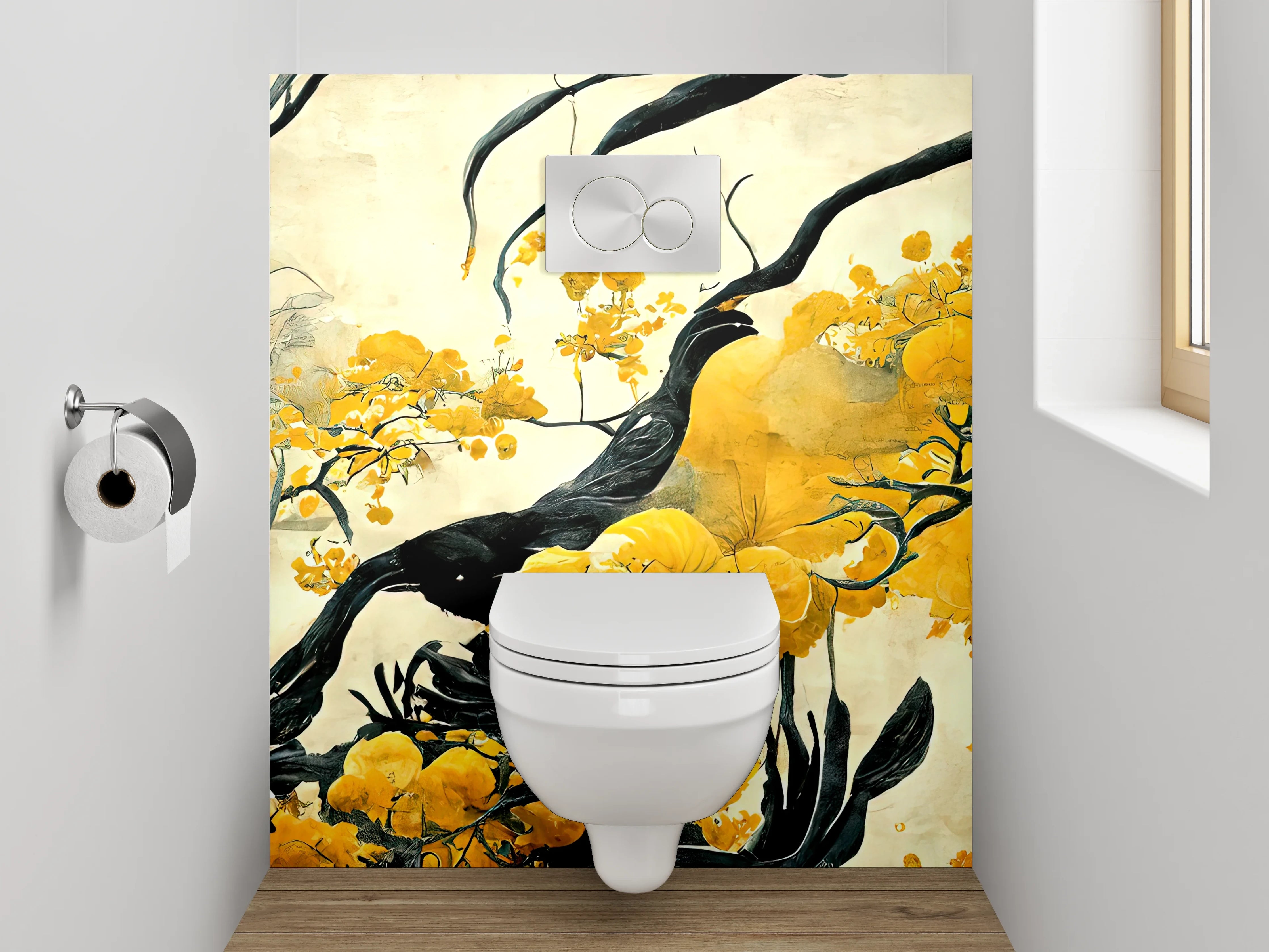 WC-Rückwand - Asiatische Blumen Malerei Schwarz Gelb