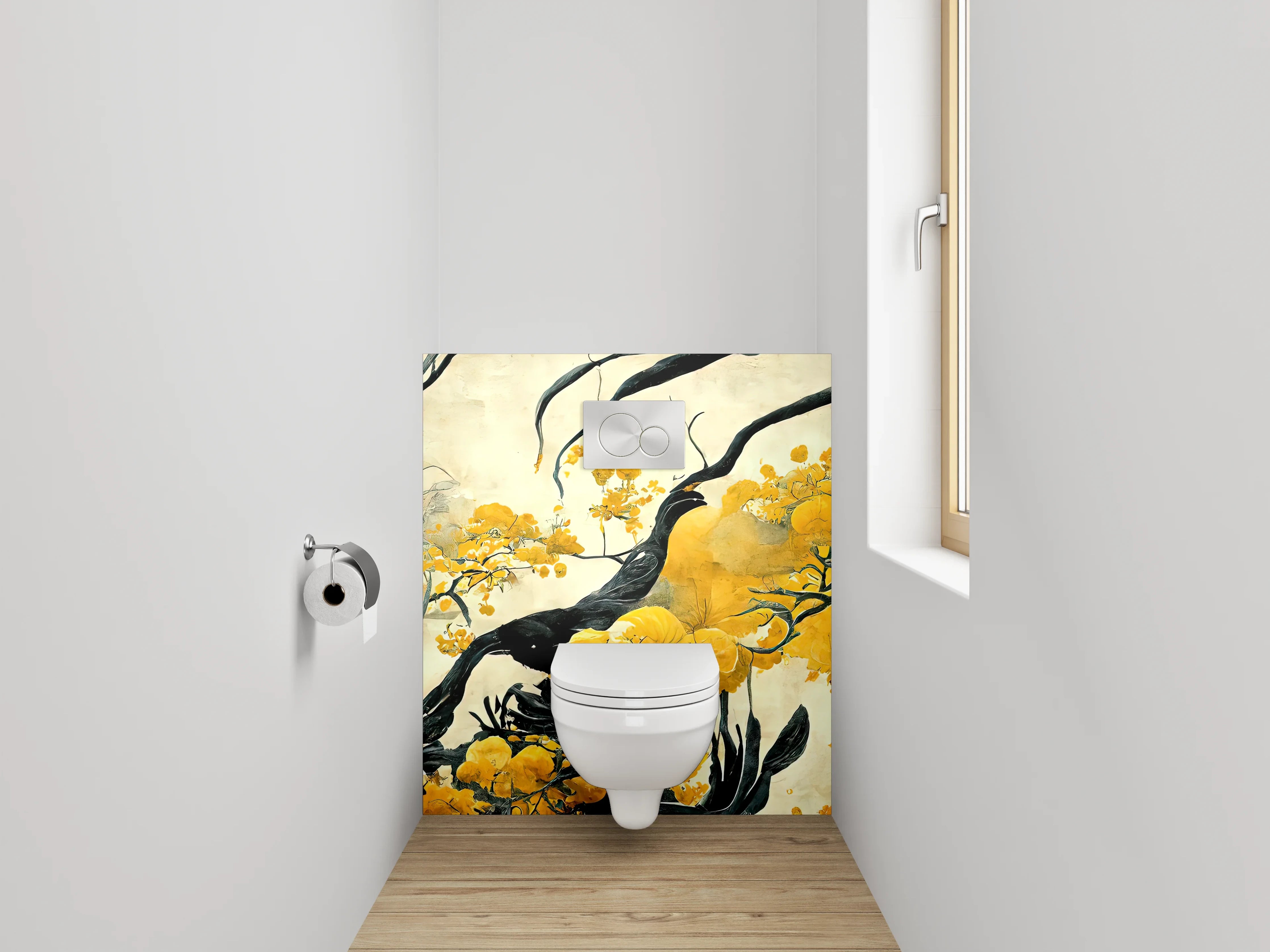 WC-Rückwand - Asiatische Blumen Malerei Schwarz Gelb