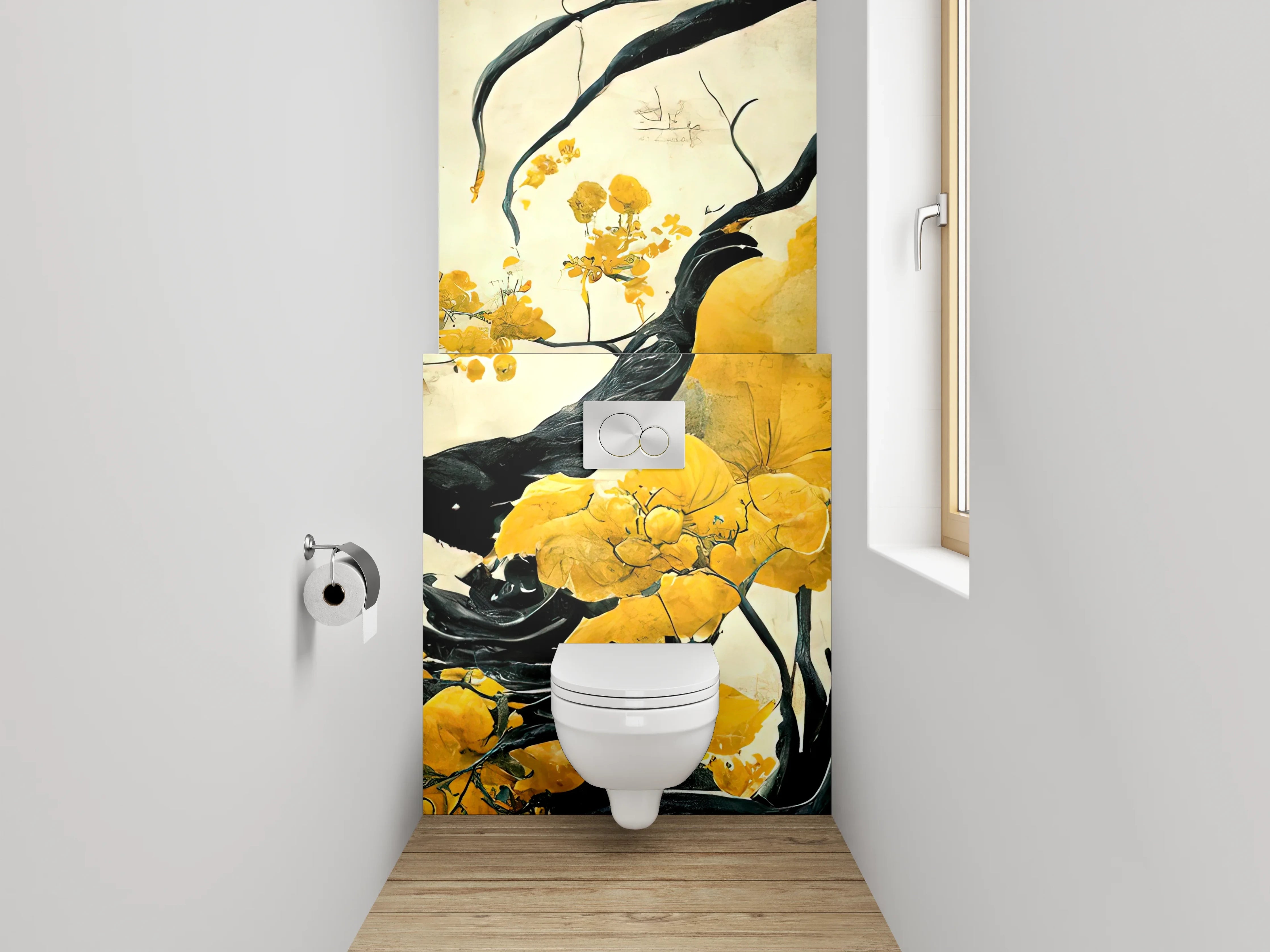 WC-Rückwand - Asiatische Blumen Malerei Schwarz Gelb