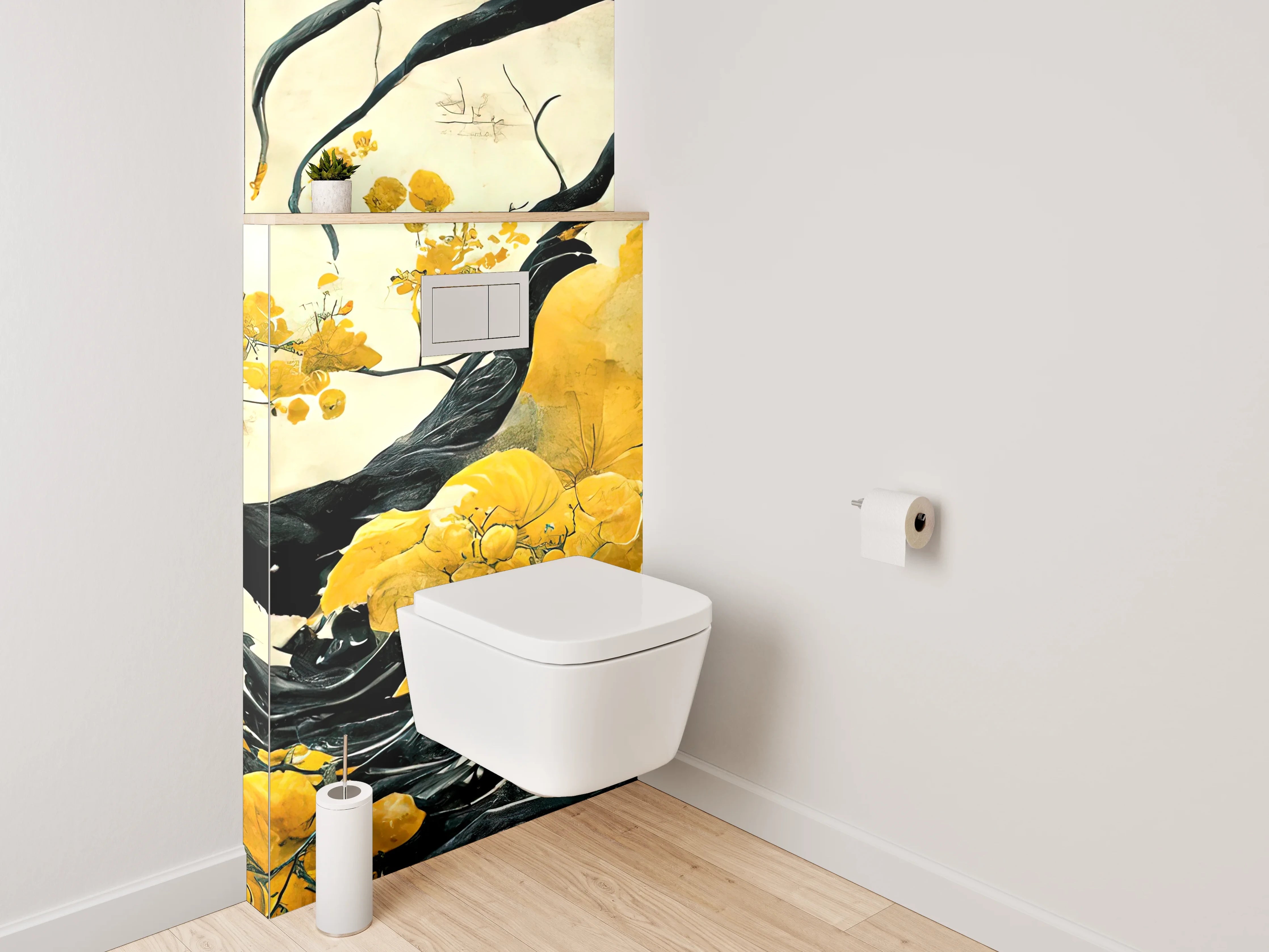 WC-Rückwand - Asiatische Blumen Malerei Schwarz Gelb