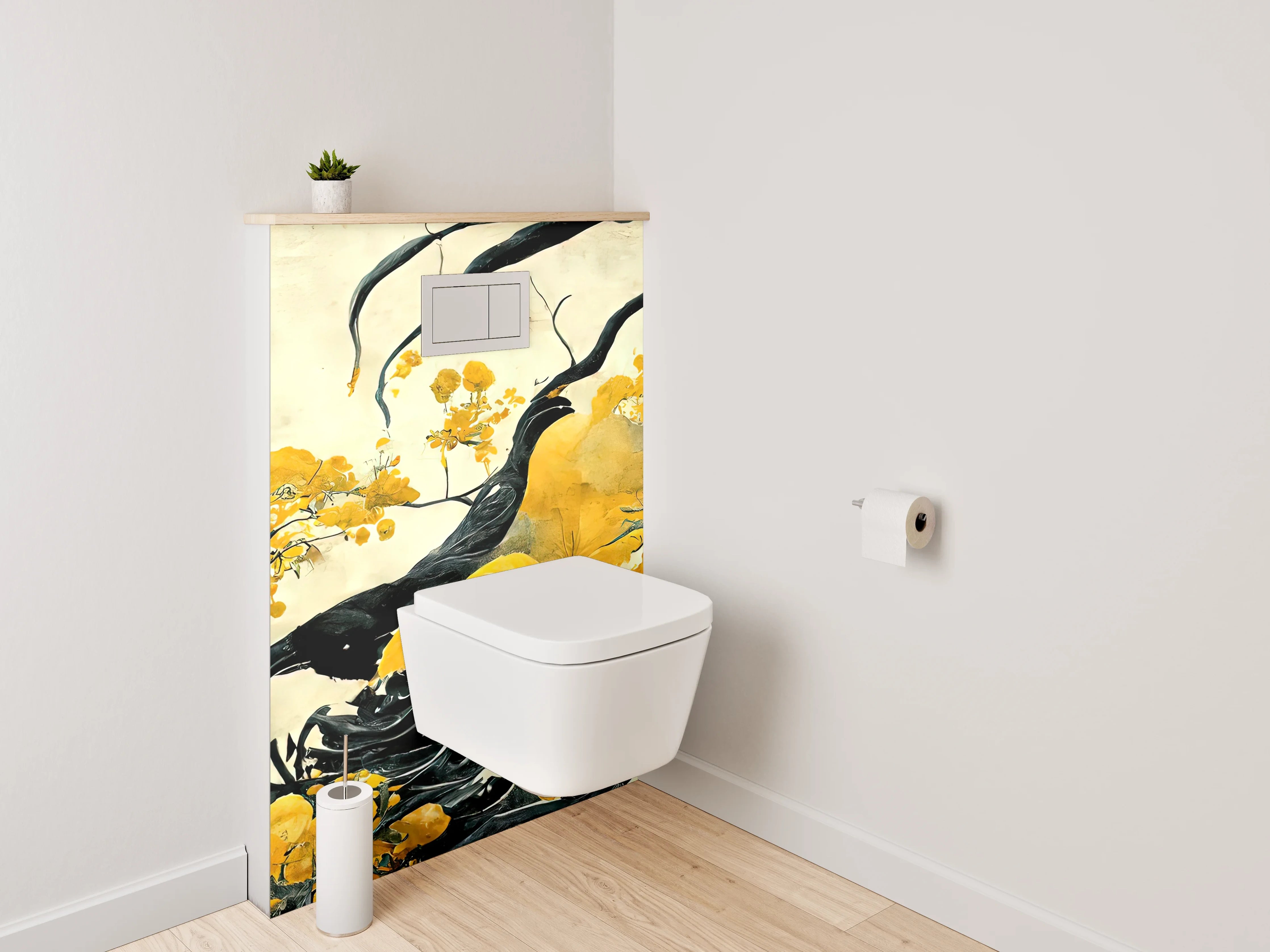 WC-Rückwand - Asiatische Blumen Malerei Schwarz Gelb