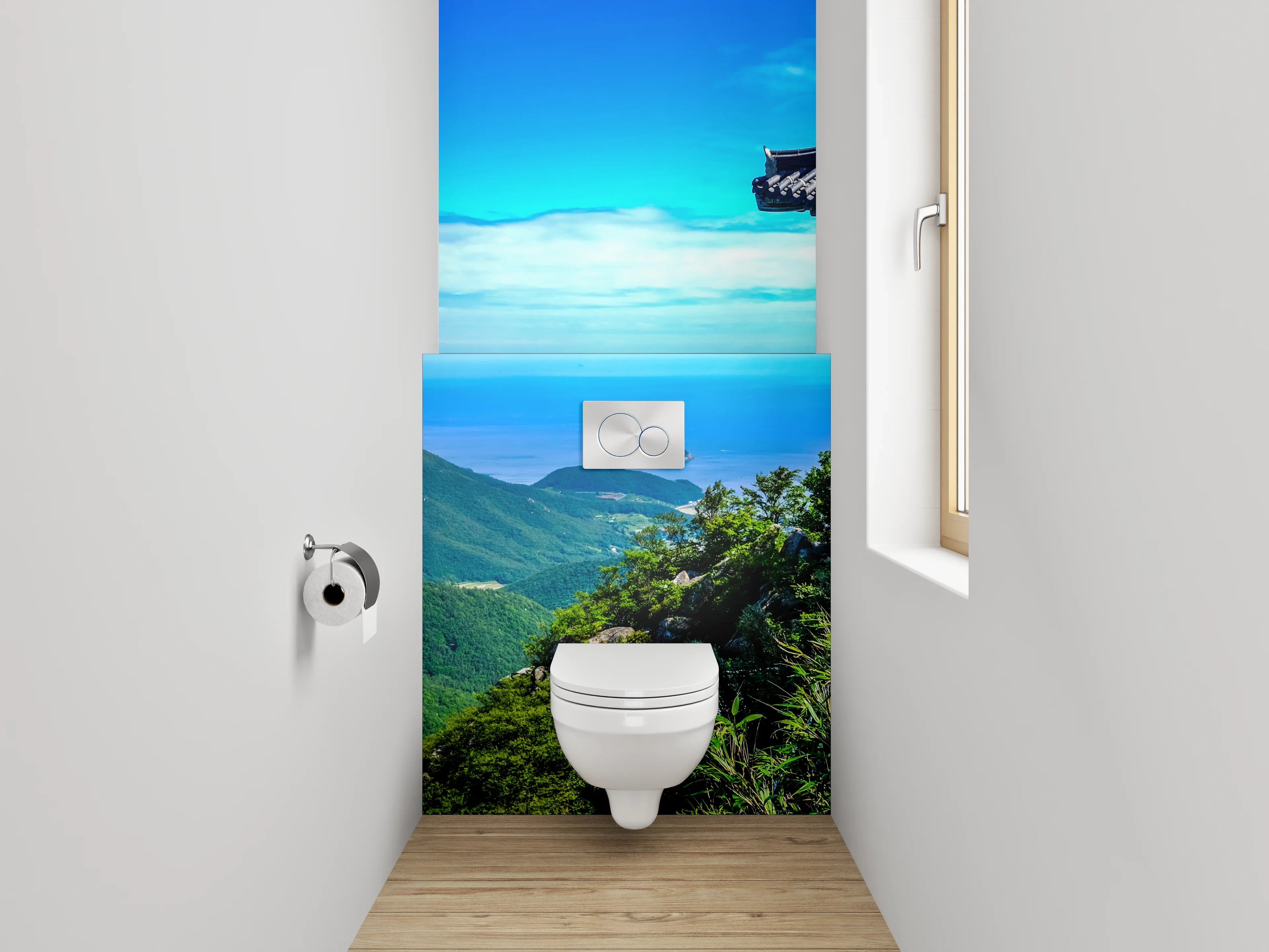 WC-Rückwand - Asiatischer Tempelblick am Meer