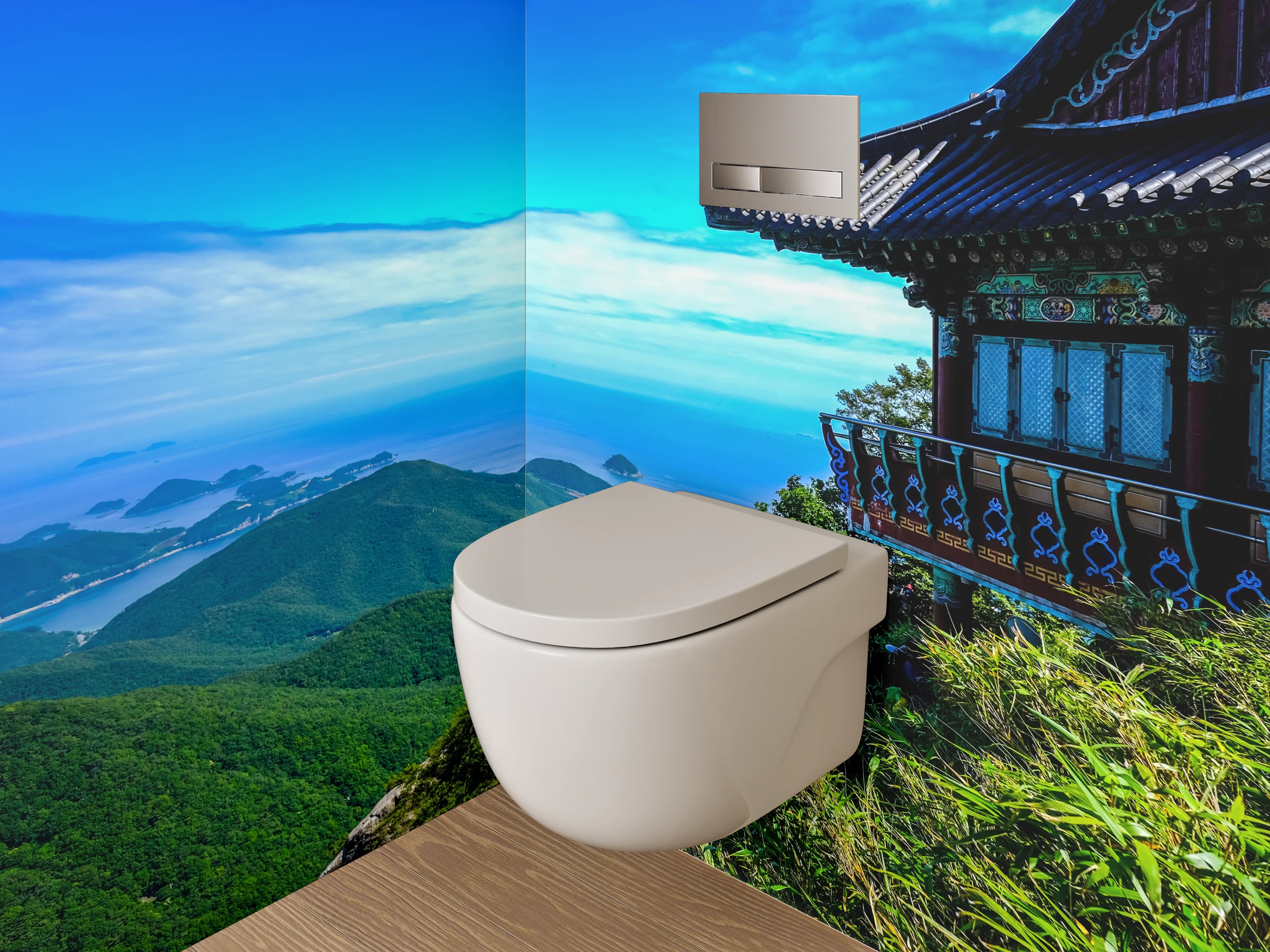 WC-Rückwand - Asiatischer Tempelblick am Meer