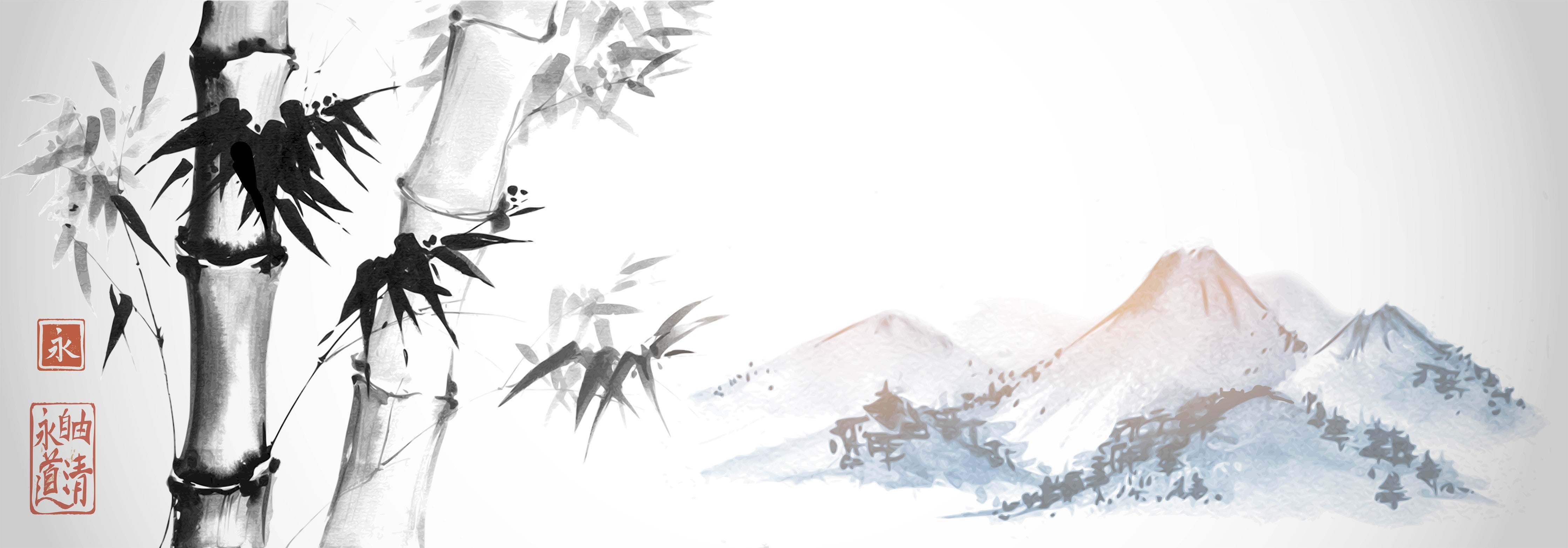 WC-Rückwand-Asiatisches Aquarell Bambus Berge Weiß Grau