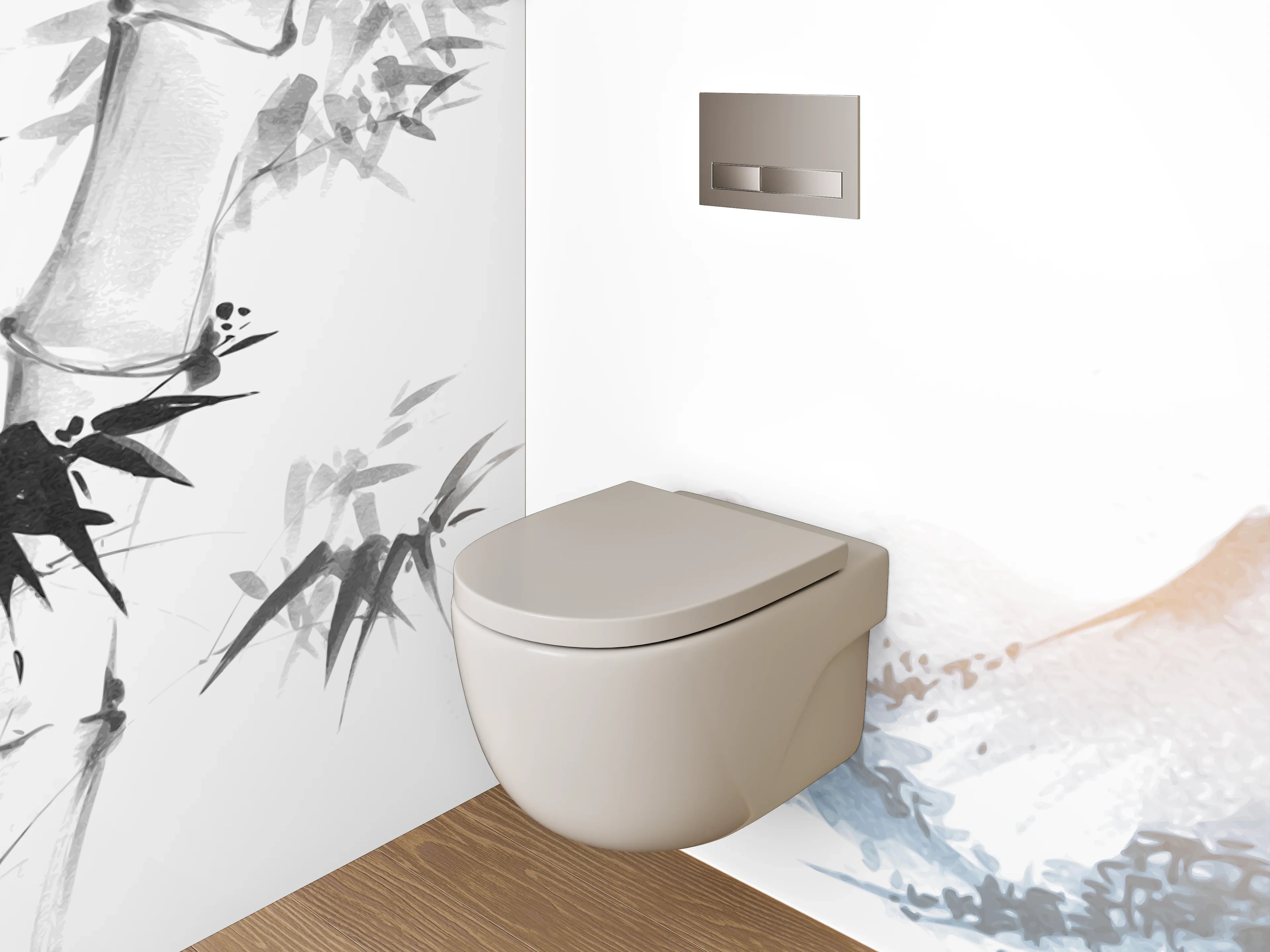WC-Rückwand - Asiatisches Aquarell Bambus Berge Weiß Grau