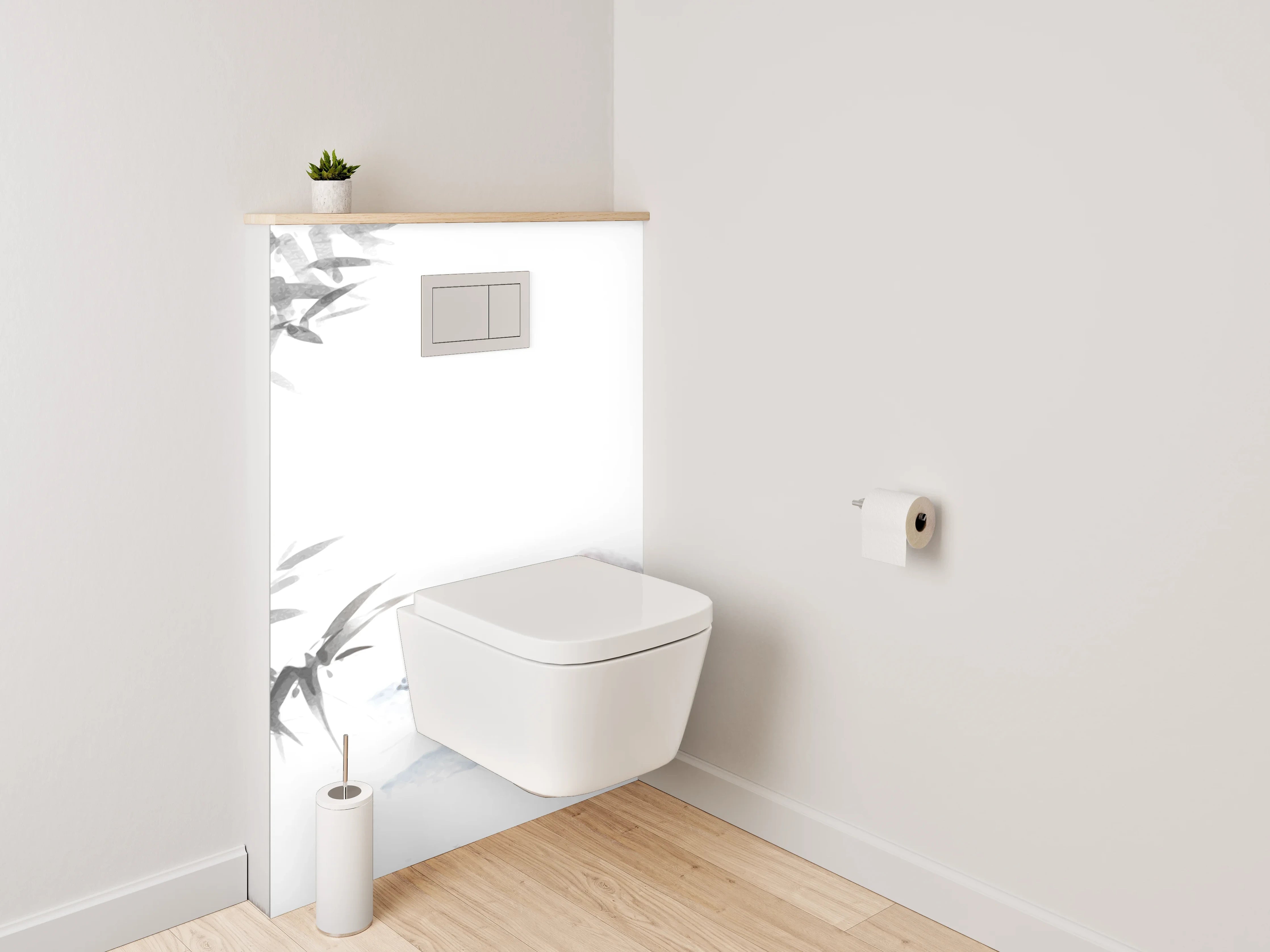 WC-Rückwand - Asiatisches Aquarell Bambus Berge Weiß Grau