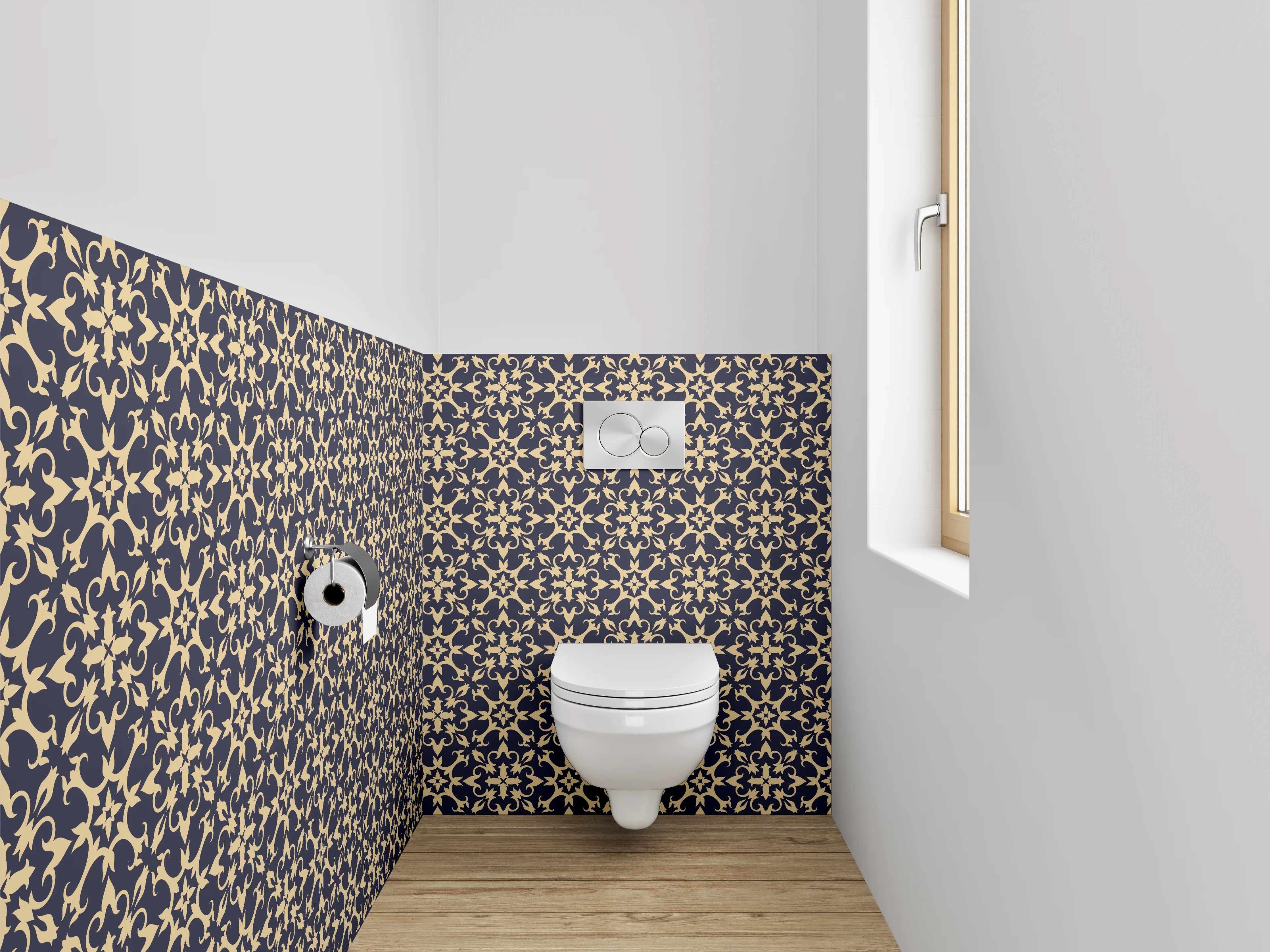 WC-Rückwand - Barock Muster Blau Gold Tapete