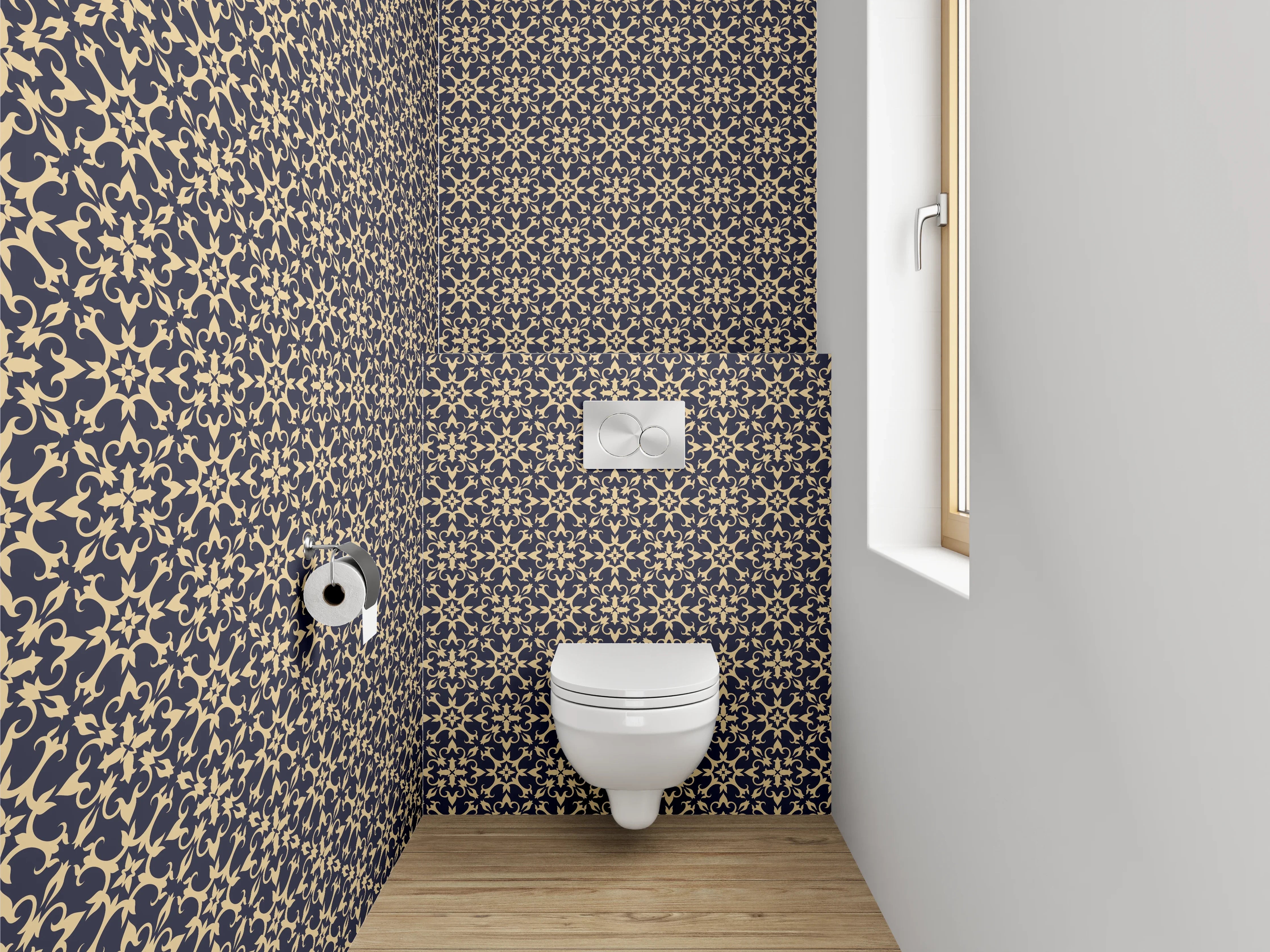 WC-Rückwand - Barock Muster Blau Gold Tapete