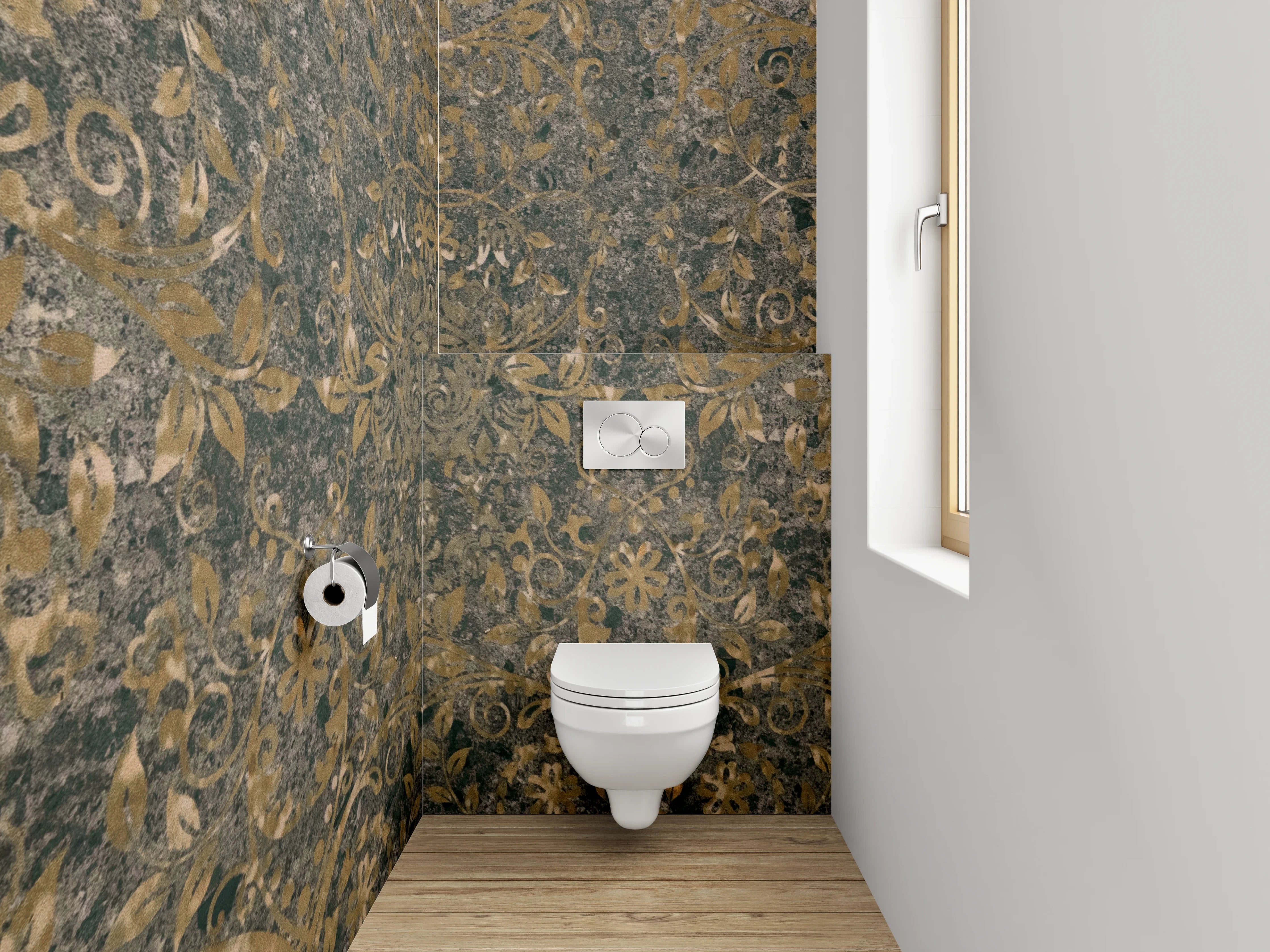 WC-Rückwand - Barock Ornament Tapetenmuster Braun Gold