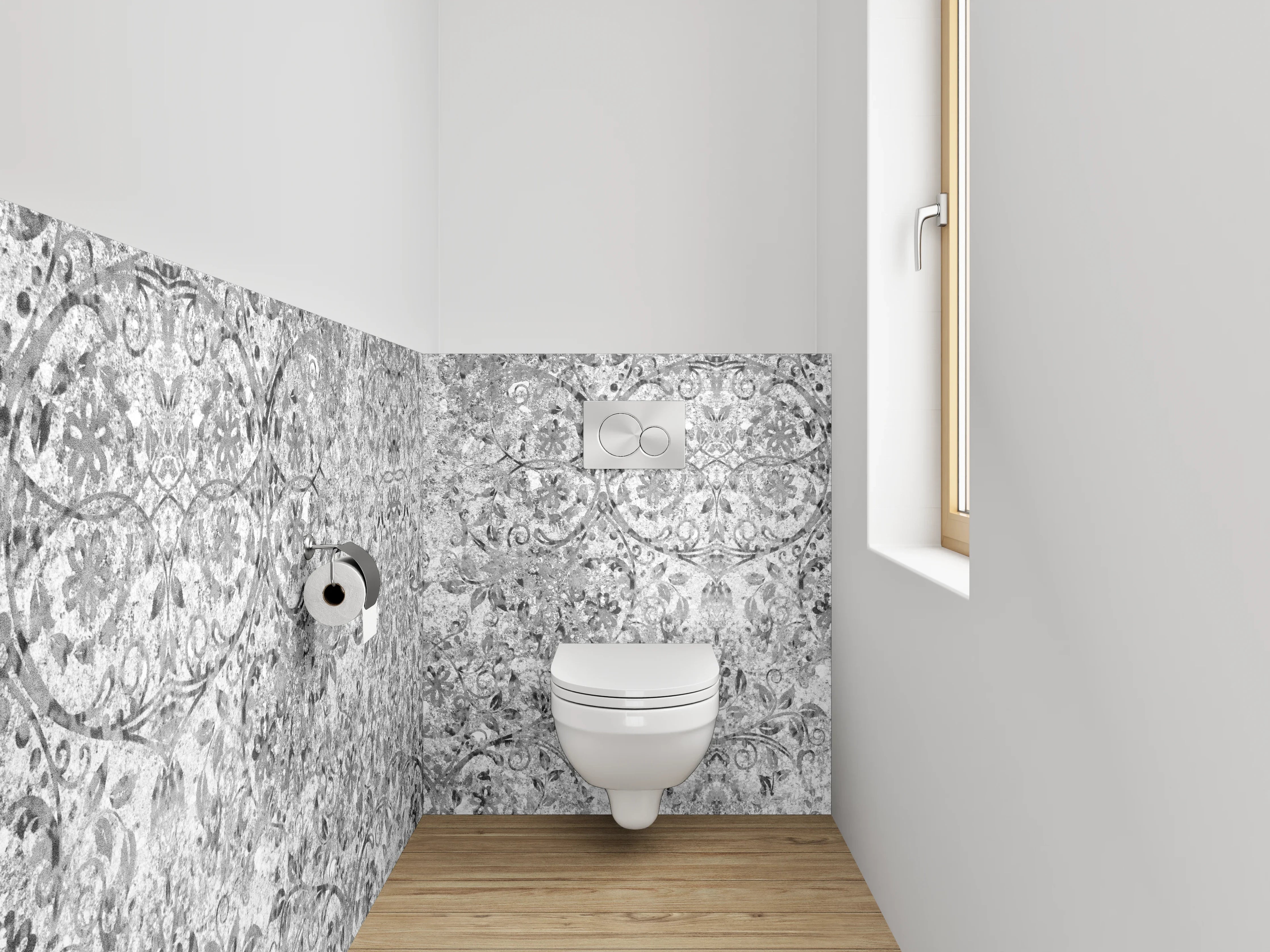 WC-Rückwand - Barock Ornamente Schwarz-Weiß