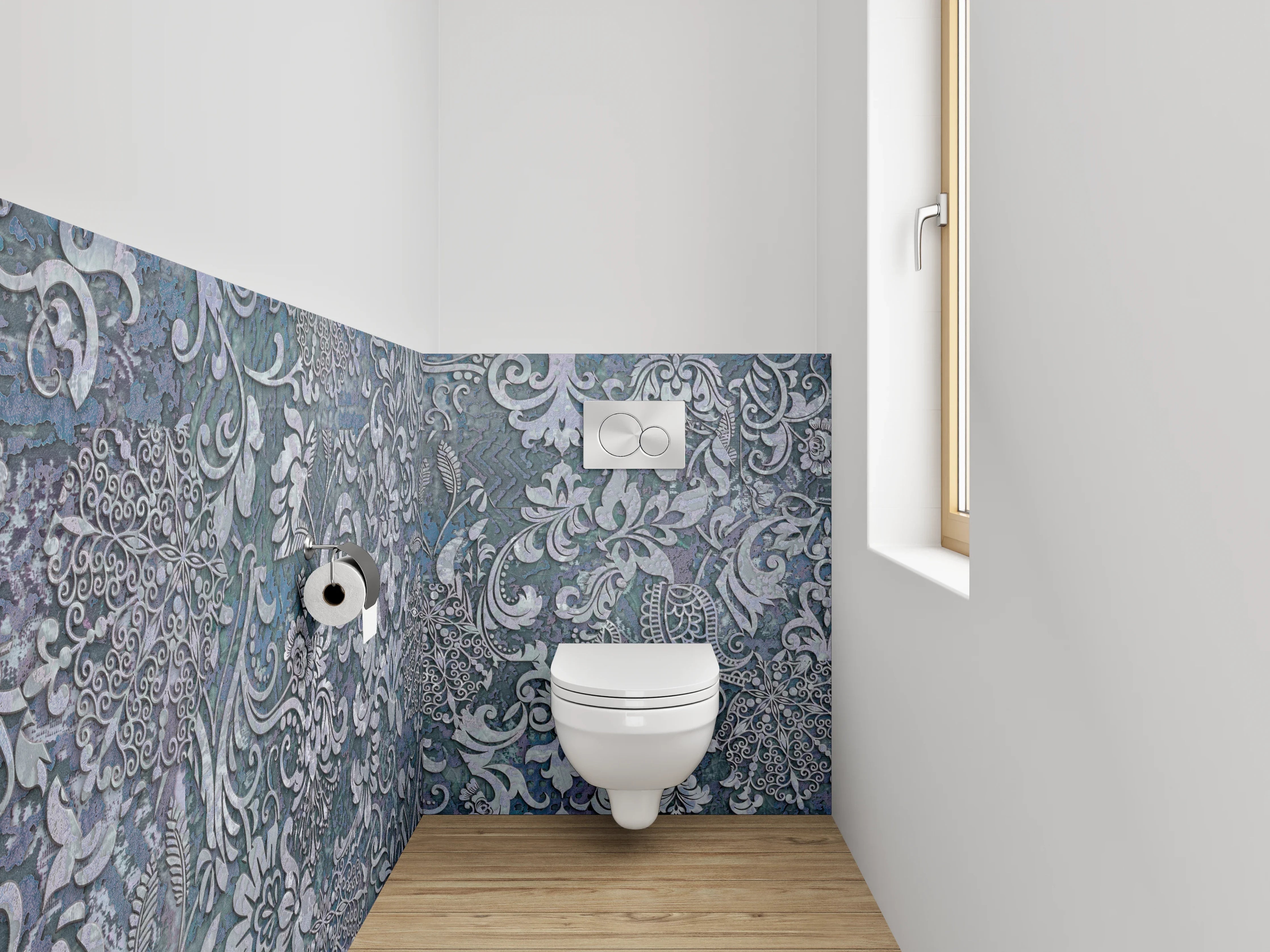 WC-Rückwand - Barocke Ornamente in Blautönen