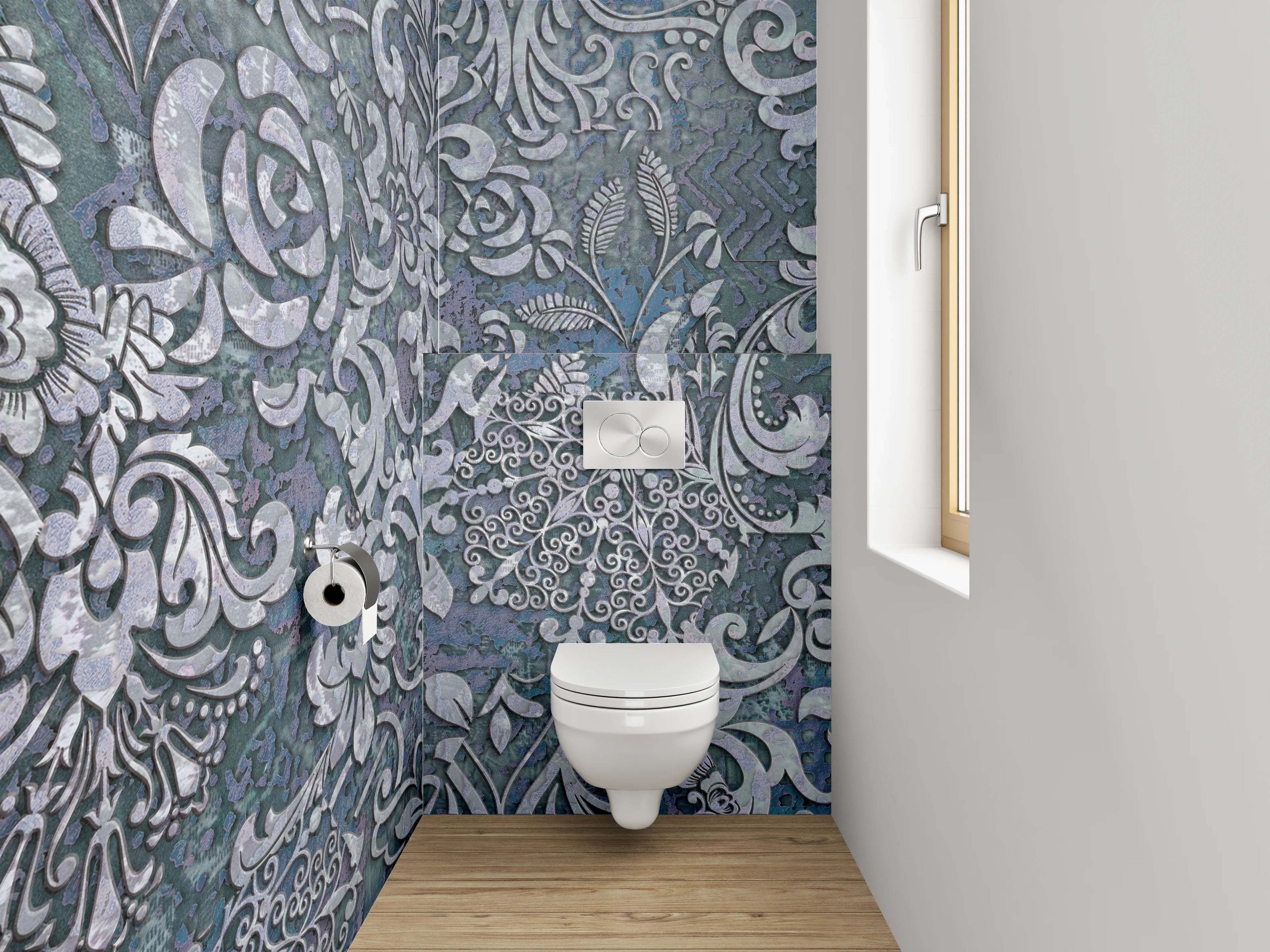 WC-Rückwand - Barocke Ornamente in Blautönen